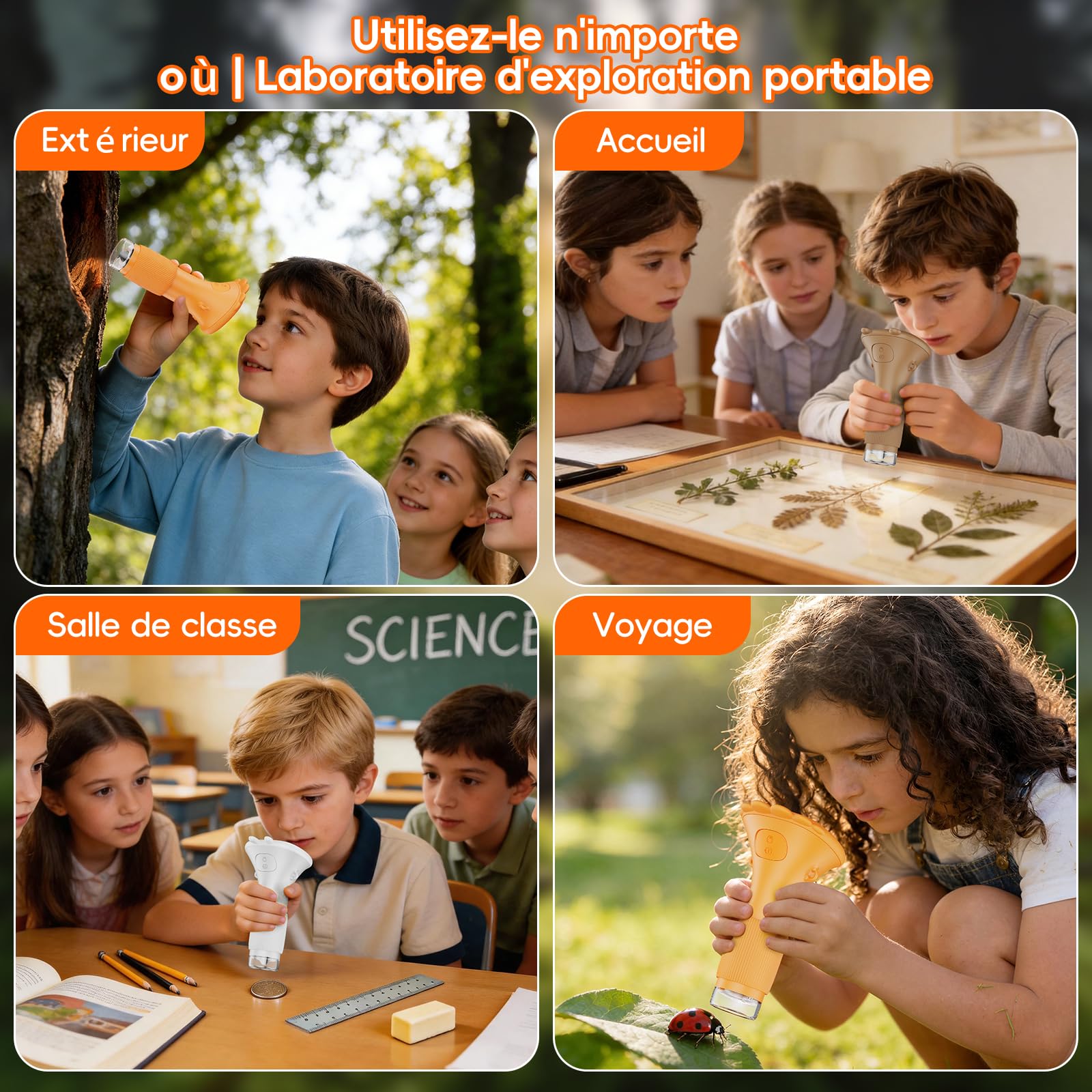 Microscope Enfant Portable Zoom 1000X - Mini Microscope Numérique Rechargeable, Microscop Poche avec Écran, 8 Lumières LED, Jouet Éducatif Scientifique pour Cadeau Noël Filles Garçons (Blanc)