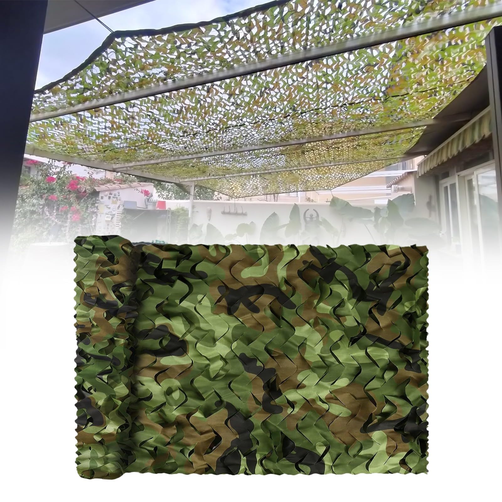Red de Camuflaje de Jungla 8x10m Red de Camuflaje Militar Red de Sombra Exterior Protección Solar para Jardines Cubrir Vehículos Caza Decoraciones con Temática de Paisaje Forestal