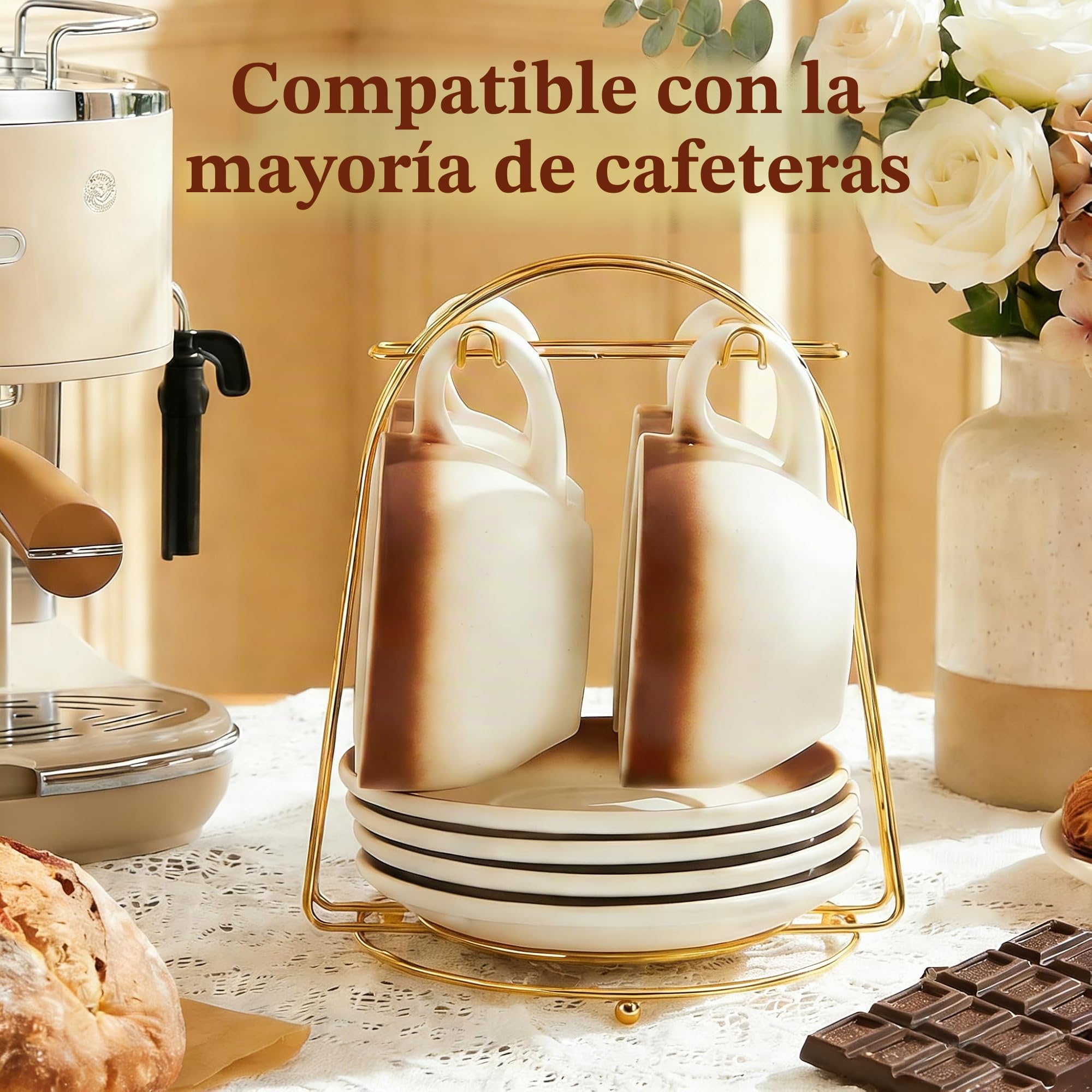 DUJUST Juego de 4 Tazas de Cafe (260ml) para Cappuccino, Latte y Espresso - Tazas de Cerámica con Platillos, Cucharas y Soporte Metálico, Marrón Degradado