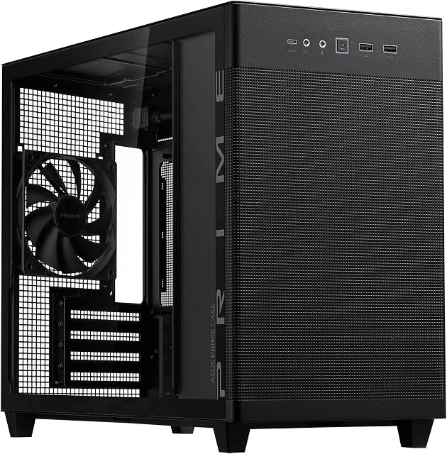 ASUS Prime AP201 Black MicroATX Tempered Glass Edition Supports Graphics Cards up to 338mm, 360mm Coolers, & Standard ATX PSUs, Tool-Free Side Panels, Tempered Glass Side & Front Panel USB Type-C