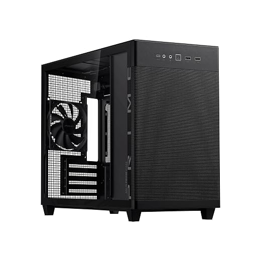ASUS Prime AP201 TG is a Stylish 33-Liter MicroATX case with Tool-Free Side Panels and a Quasi-Filter mesh, with Support for 360 mm Coolers, Graphics Cards up to 338 mm Long, Tempered Glass Panel