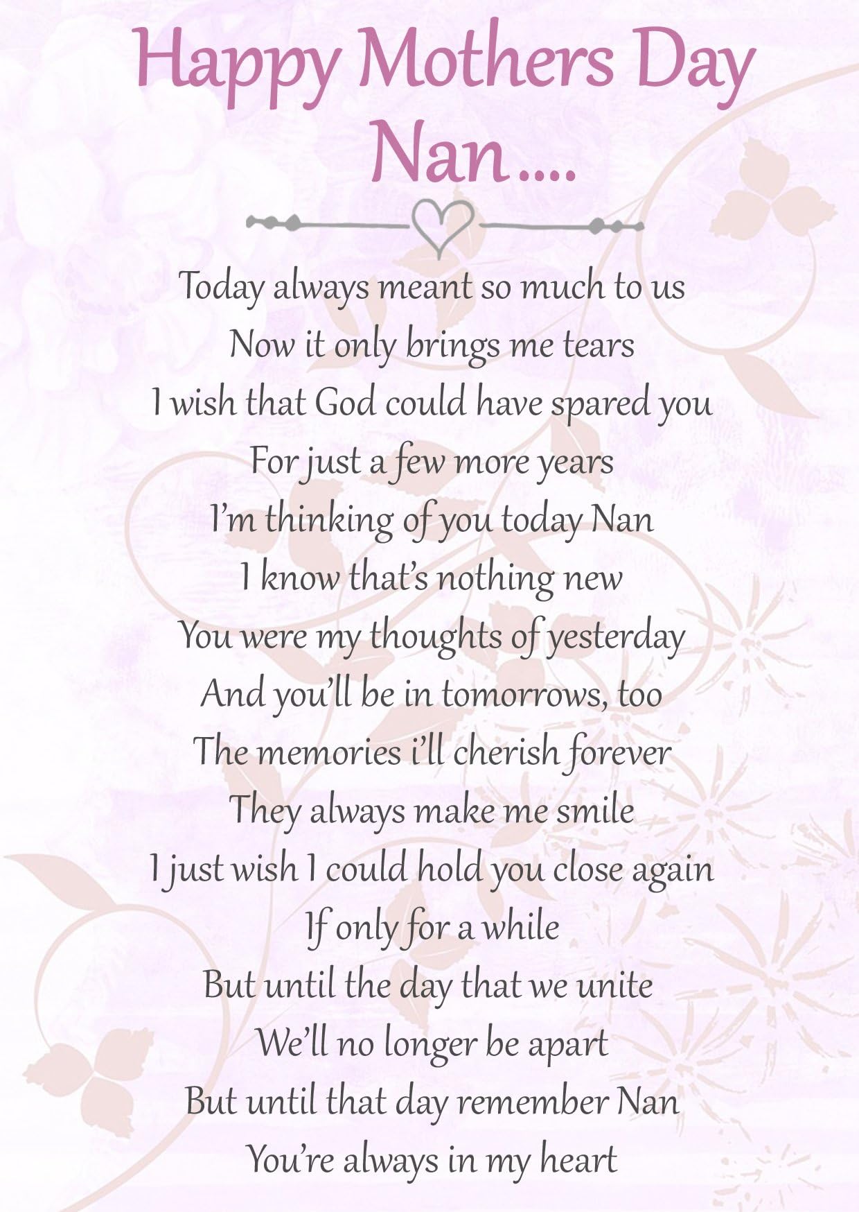 Happy Mothers Day Nan Memorial Graveside Poem Keepsake Card Includes Free Ground Stake F67
