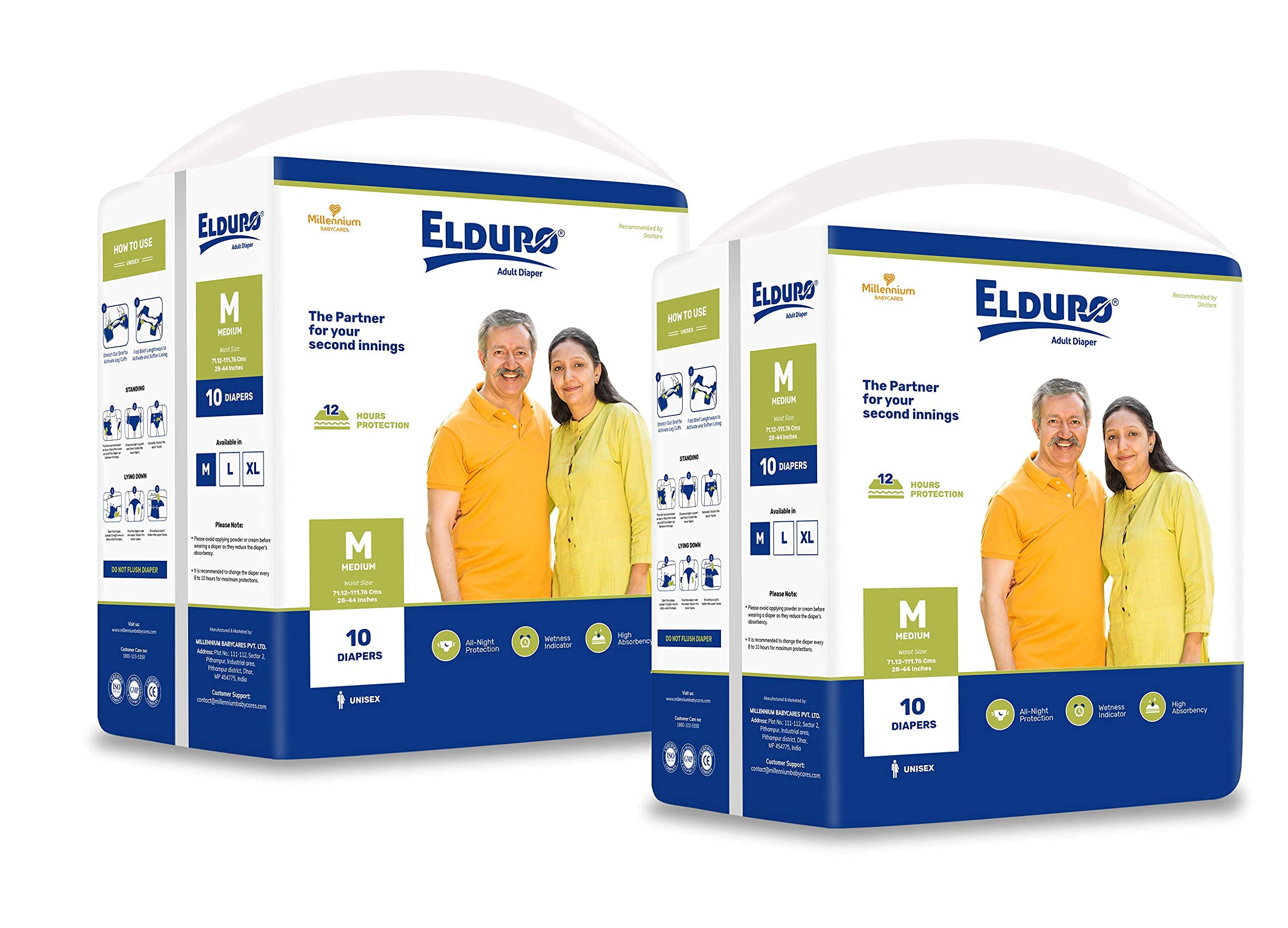 ELDUROUnisex Adult Diaper with Disposal Bag, Waist Size 28 to 44 Inches - Pack of 2 (Medium) 20 Count
