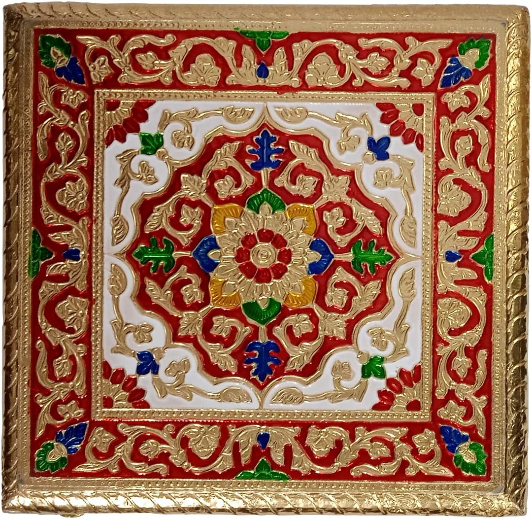 Purpledip Wooden Meenakari Chowki: Stool Stand for Home Temple, 7.5 Inches (10453A)