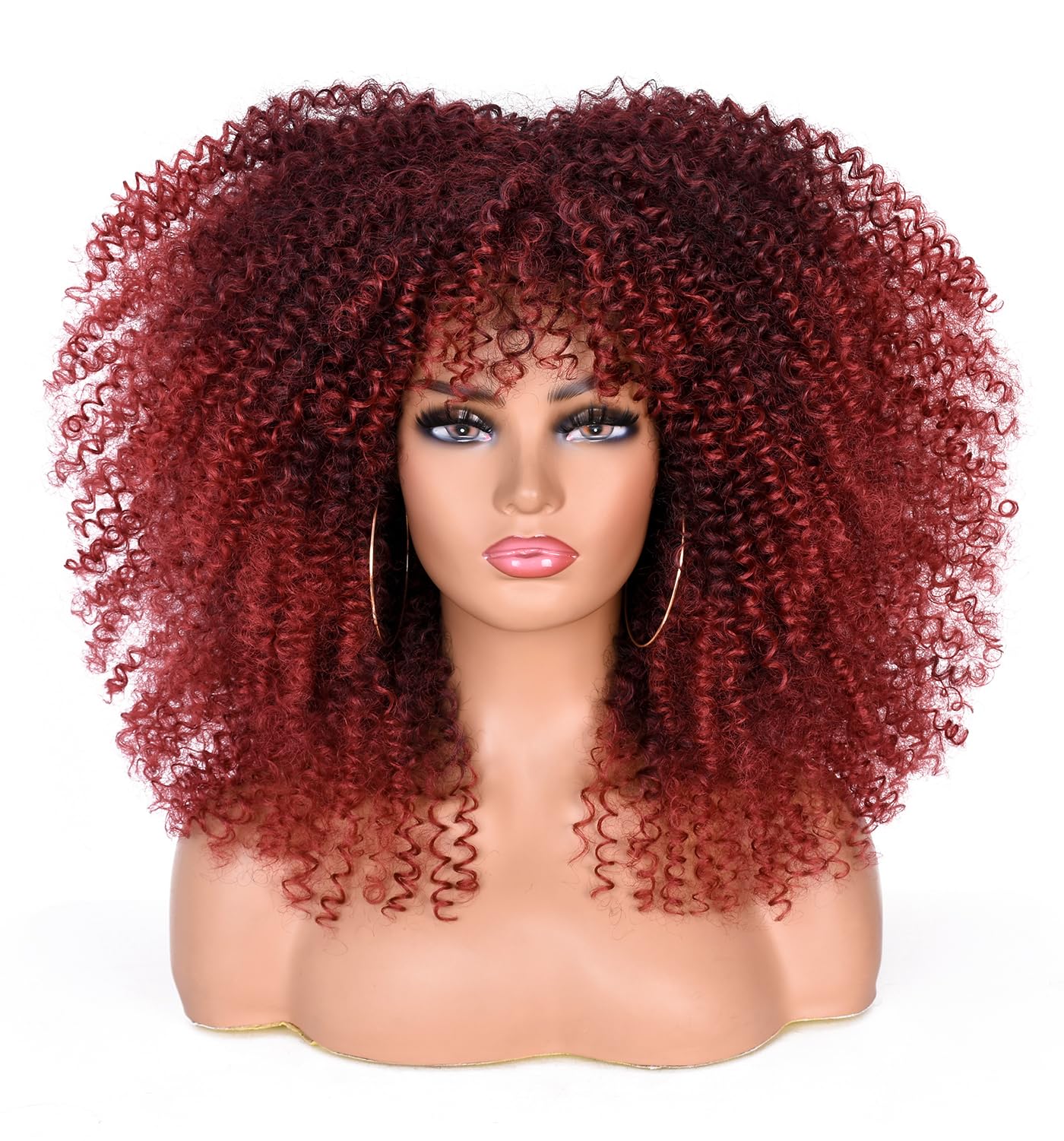 ISAMY Long Curly Wigs for Black Women Afro Bomb Curly Wig with Bangs Synthetic Fiber Glueless Long Afro Kinky Curly Hair (T1B/39A)