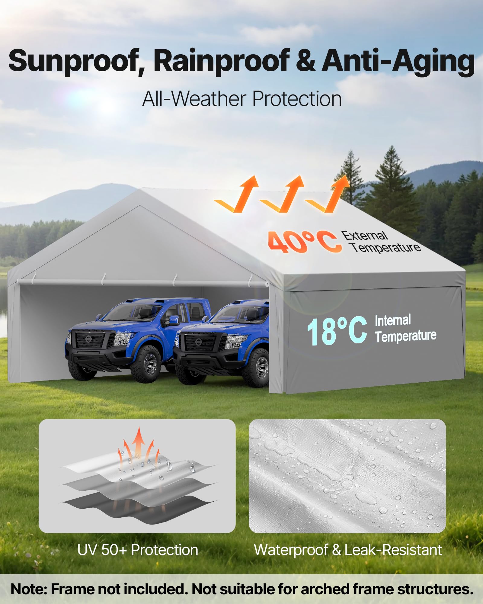 VEVOR Toile Rechange Carport, 6x6 m, Bâche Toit Abri Voiture, Couverture Tente Garage Portable, Résistante UV Imperméable, avec Parois Latérales, Cordons Élastiques à Billes, Gris, Cadre Non Inclus