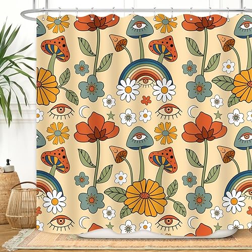 Cortina de ducha con diseño de hongos bohemios, retro, flores amarillas, naranjas, divertidas, bonitas, bohemias, rústicas, decoración de baño, tela