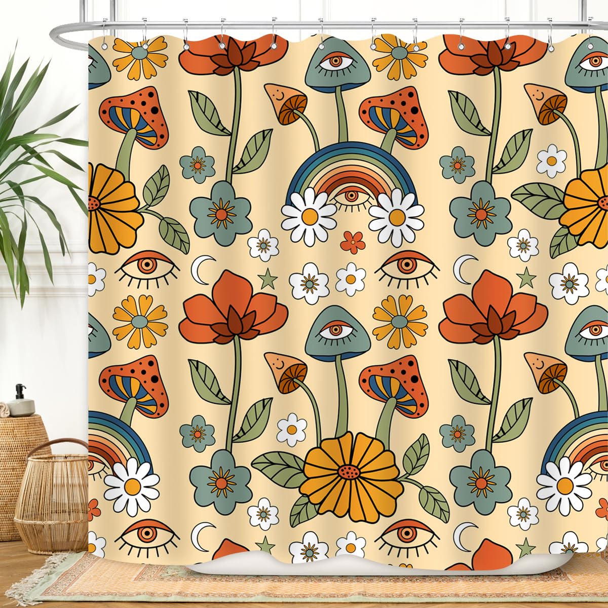 ZXMBF Boho Mushroom Shower Curtain Retro Yellow Orange Flower Floral Funny Cute Bohemian Rustic Bathroom Decor Waterproof Fabric 72Lx72W Inch with