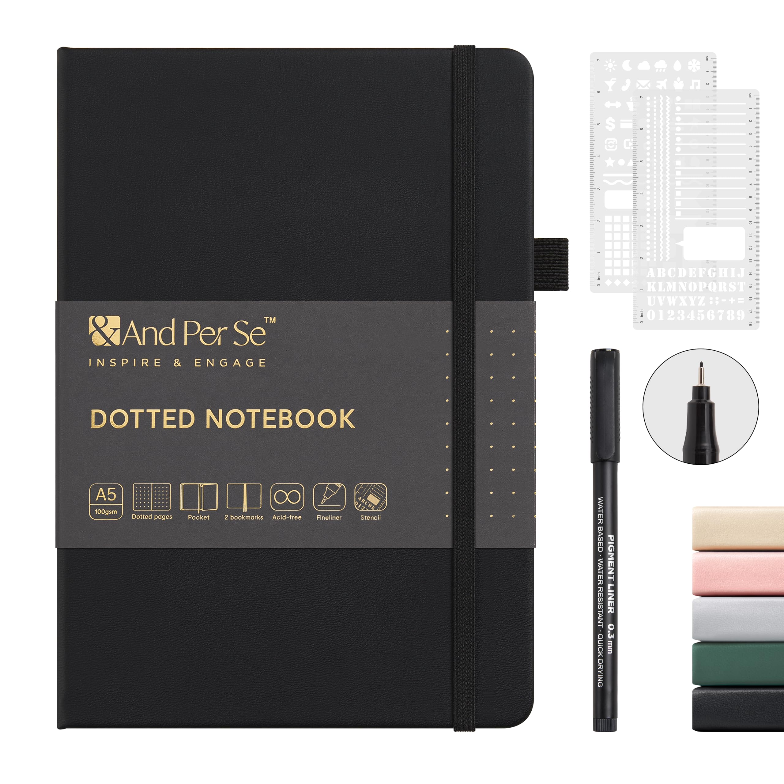 &And Per Se Dotted Journal Notebook, A5 Leather Hardcover, 176 Numbered Pages 100GSM Thick Dotted Paper, 2 Sheets of Stencils Included - 5.7'' x 8'' (Black)