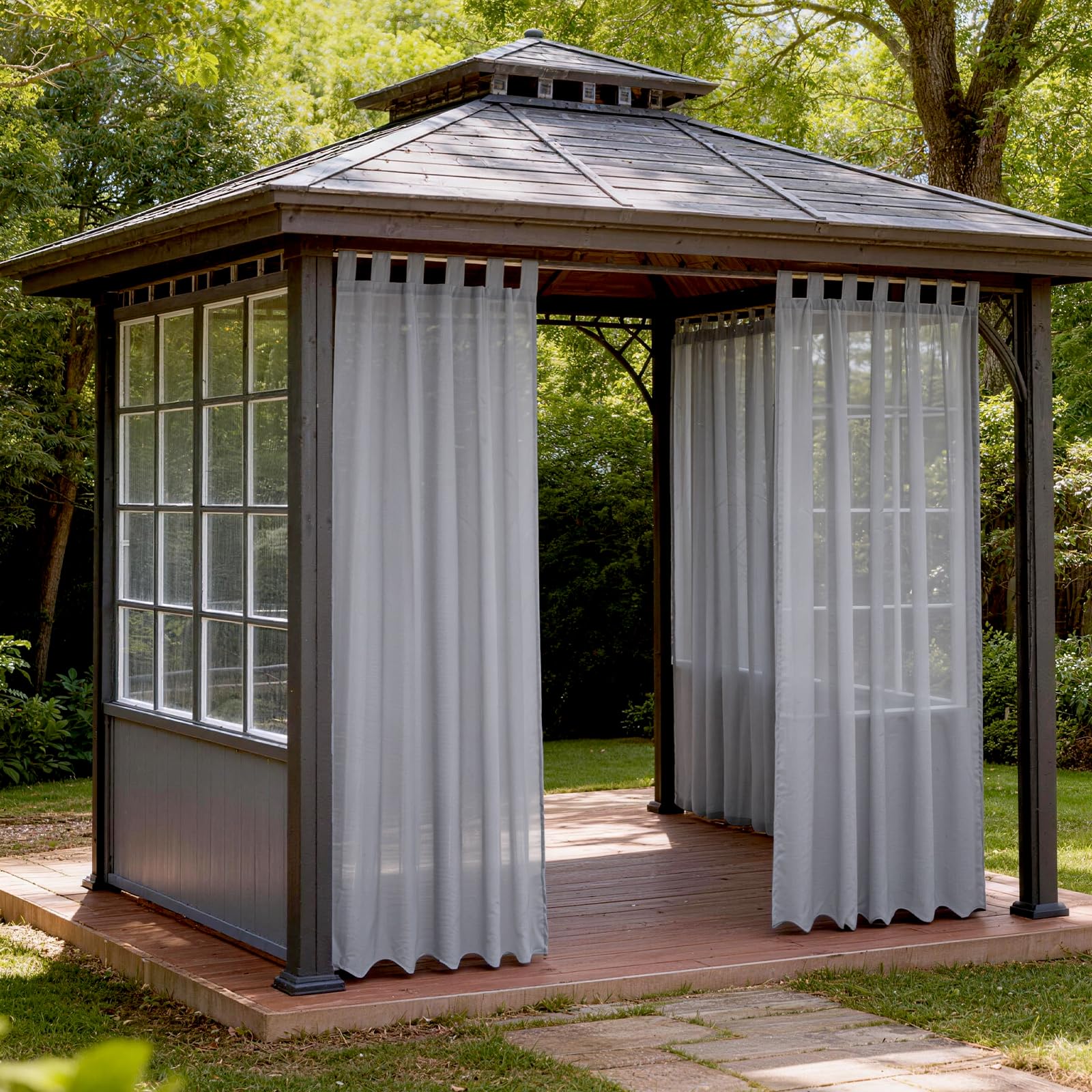 LANSHENG Outdoor Curtains, Hook and Loop Pergola Gazebo curtains waterproof, Linen Patio Curtains (Grey, 132 * 213CM)