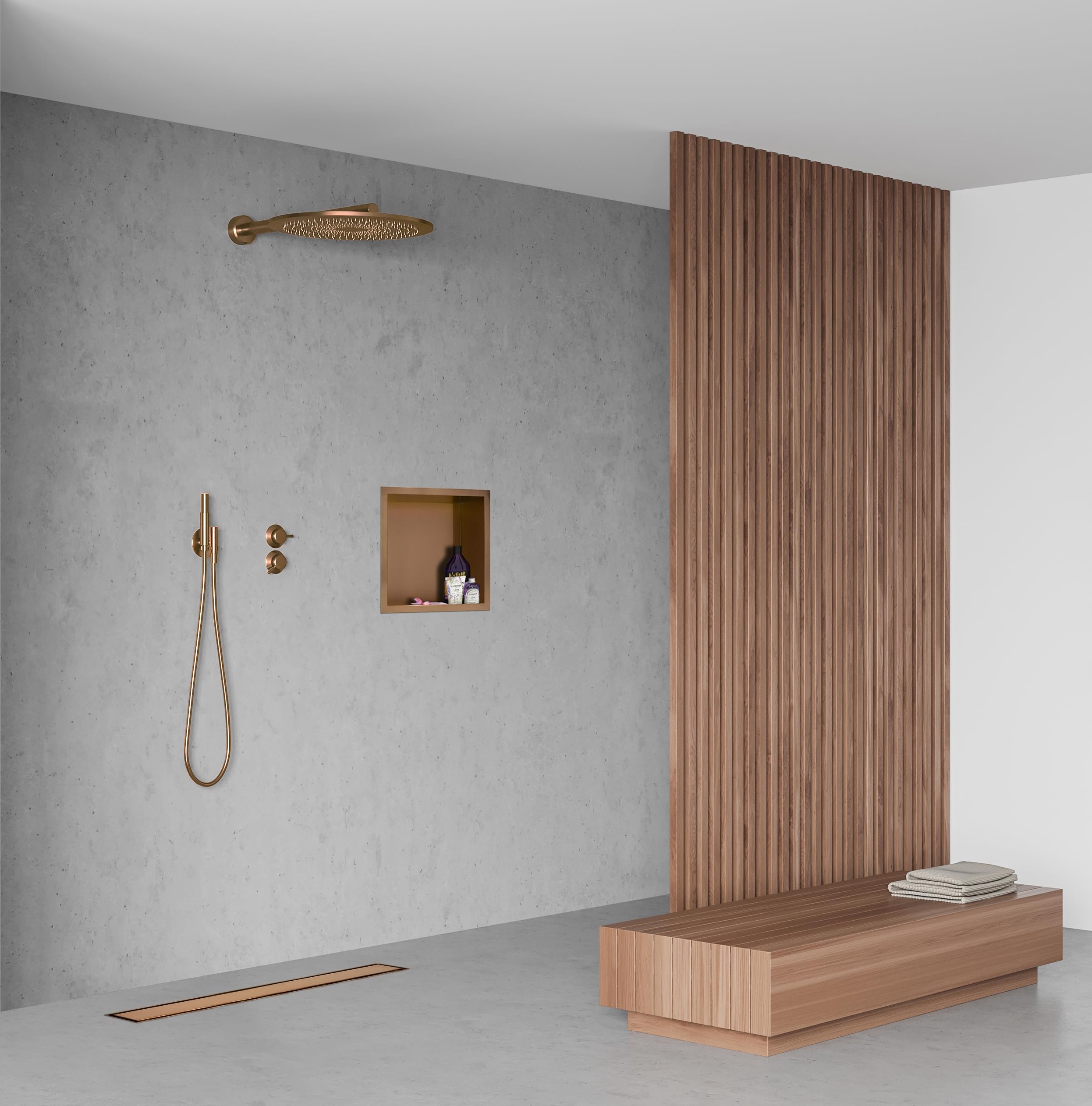Wall-Box One Nicho de Ducha de Acero Inoxidable Cobre 30x20x10cm, Cobre, Nicho de Ducha de Pared, Impermeable, Instalación de Nicho Flexible, Nicho para Utensilios de Baño, Sin Azulejos