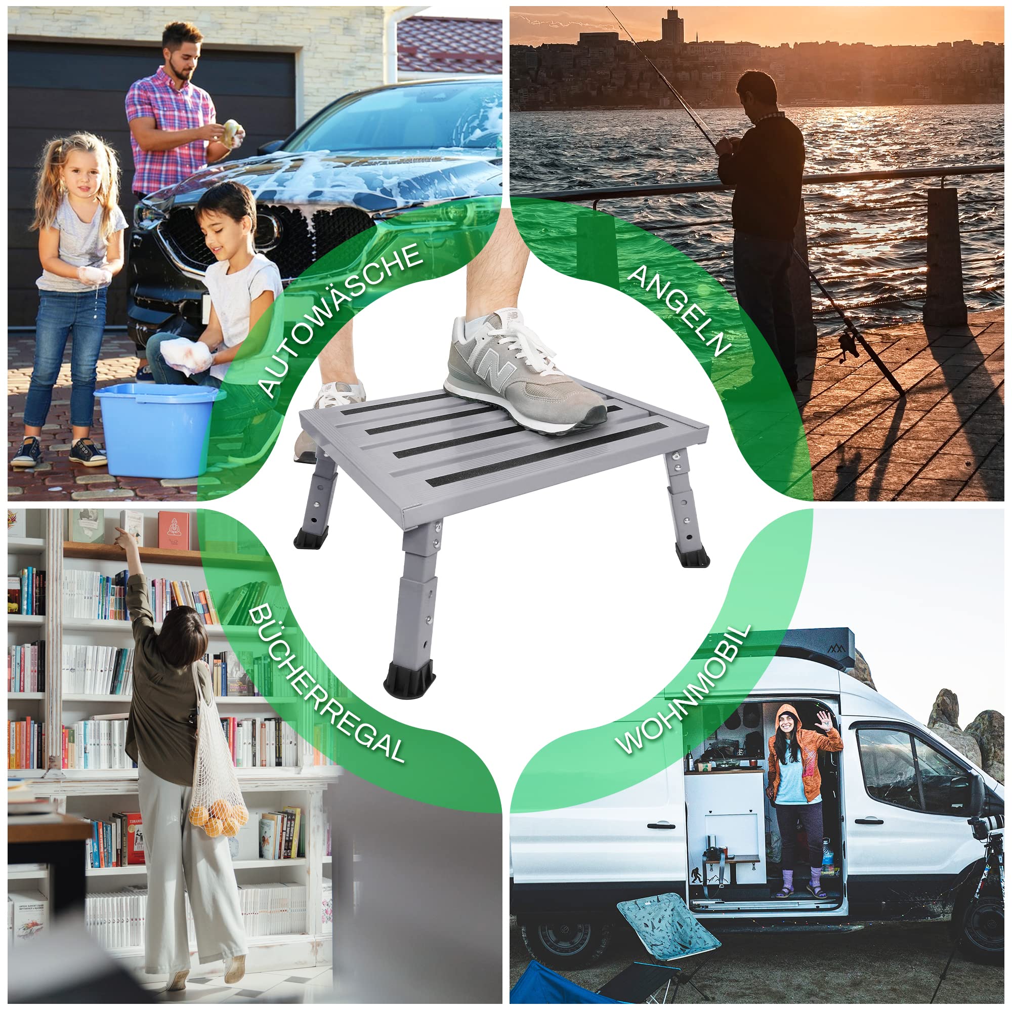 Tabouret pliable réglable pour caravane, camping-car, SUV, en métal résistant, supporte 350 kg, antidérapant et pliable, 3 niveaux de hauteur (18-24 cm), portable, pour camping, personnes âgées