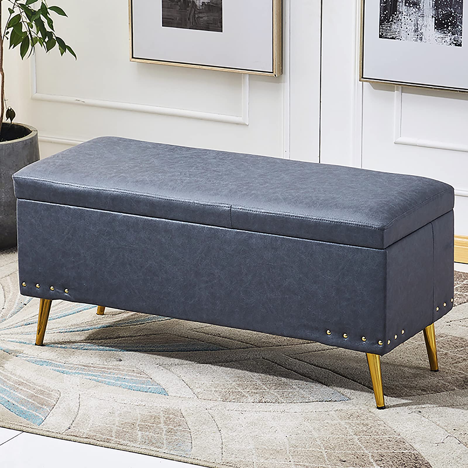 Tabouret de rangement salon chambre, pouf coffre similicuir bleu-gris 80x40x45cm