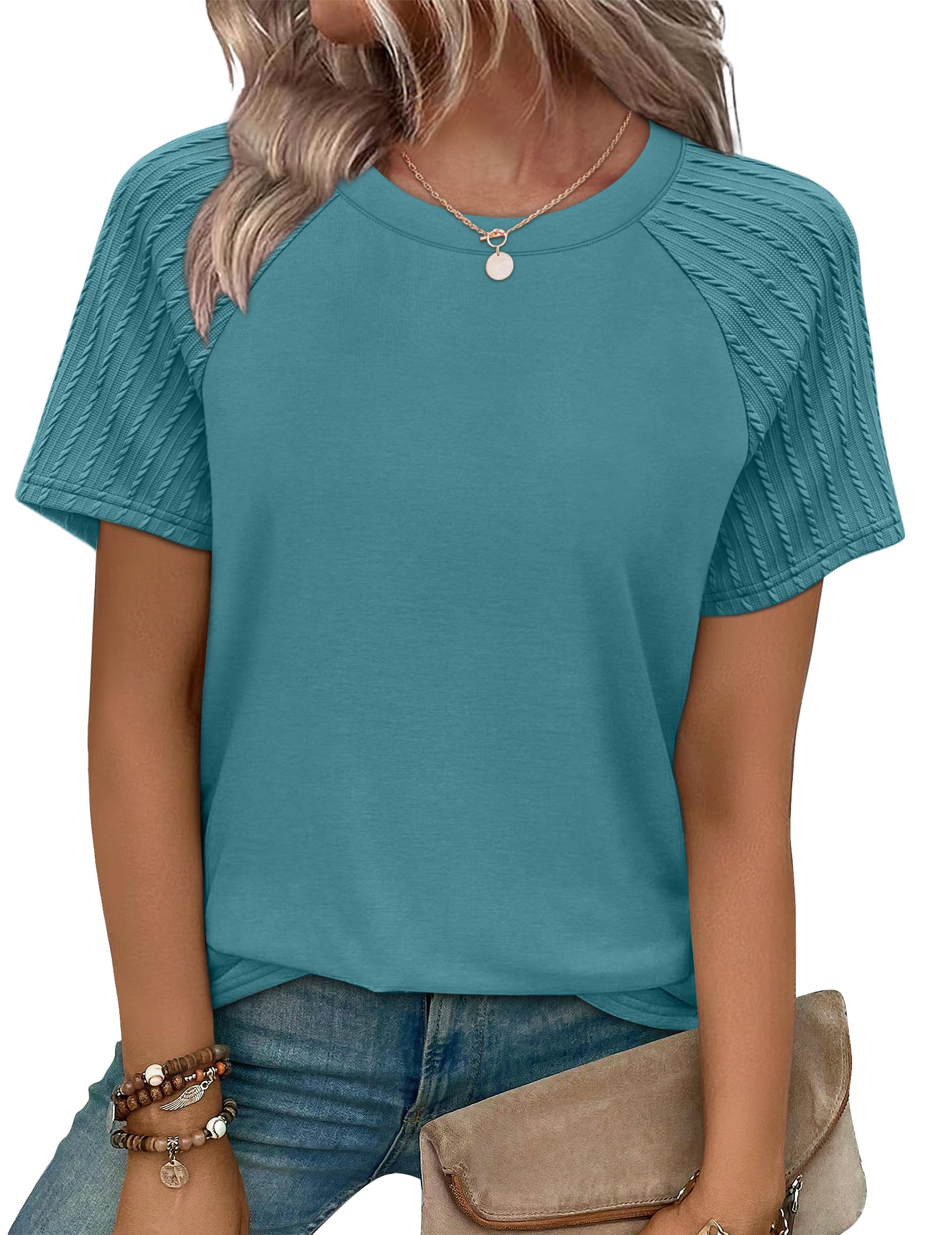 WIHOLL Summer Tops for Women 2026 Trendy Short Sleeve Shirts Crew Neck Tops Curved Hem Fashion Clothing