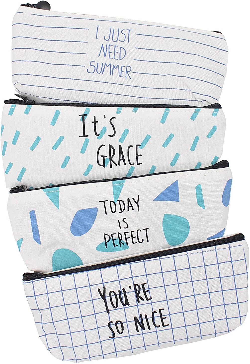 Zicome Canvas Pencil Pen Case Cosmetic Makeup Bag with Sayings, Set of 4