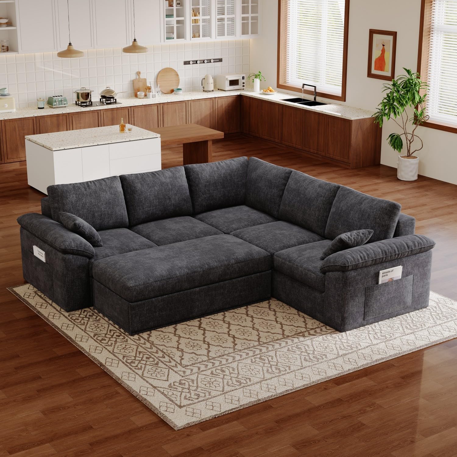 88.6" Boneless Cloud Sectional Couch for Living Room, Compressed Modular L-Shaped Sofa with Storage Ottoman, Frameless Chenille Couch in Boxes, 5-Seater (Gray)