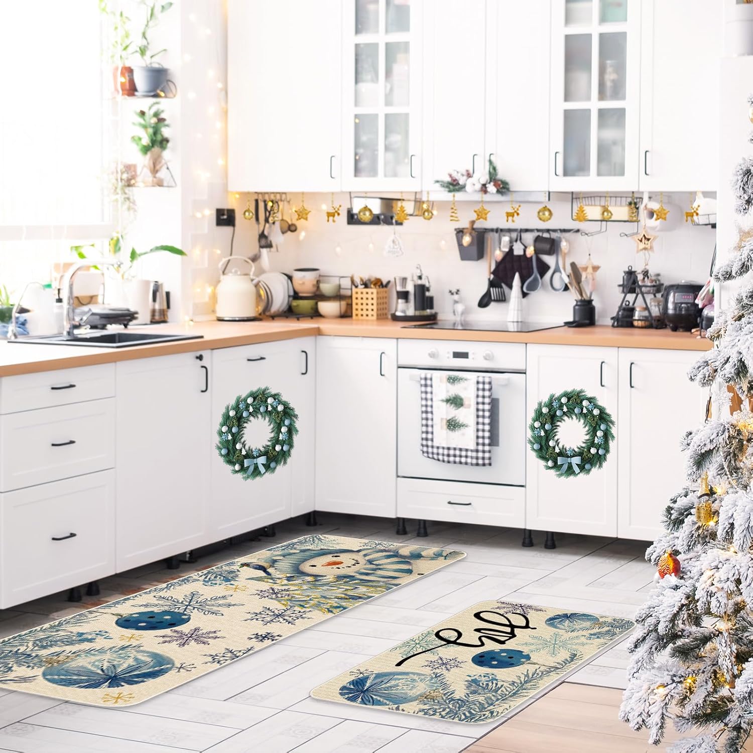 JarThenaAMCS Winter Christmas Kitchen Mats Blue Snowman Xmas Ball Snowflake Welcome Floor Mat Non-Slip Door Rugs for Indoor Outdoor Bathroom, 17 x 29 Inch & 17 x 47 Inch