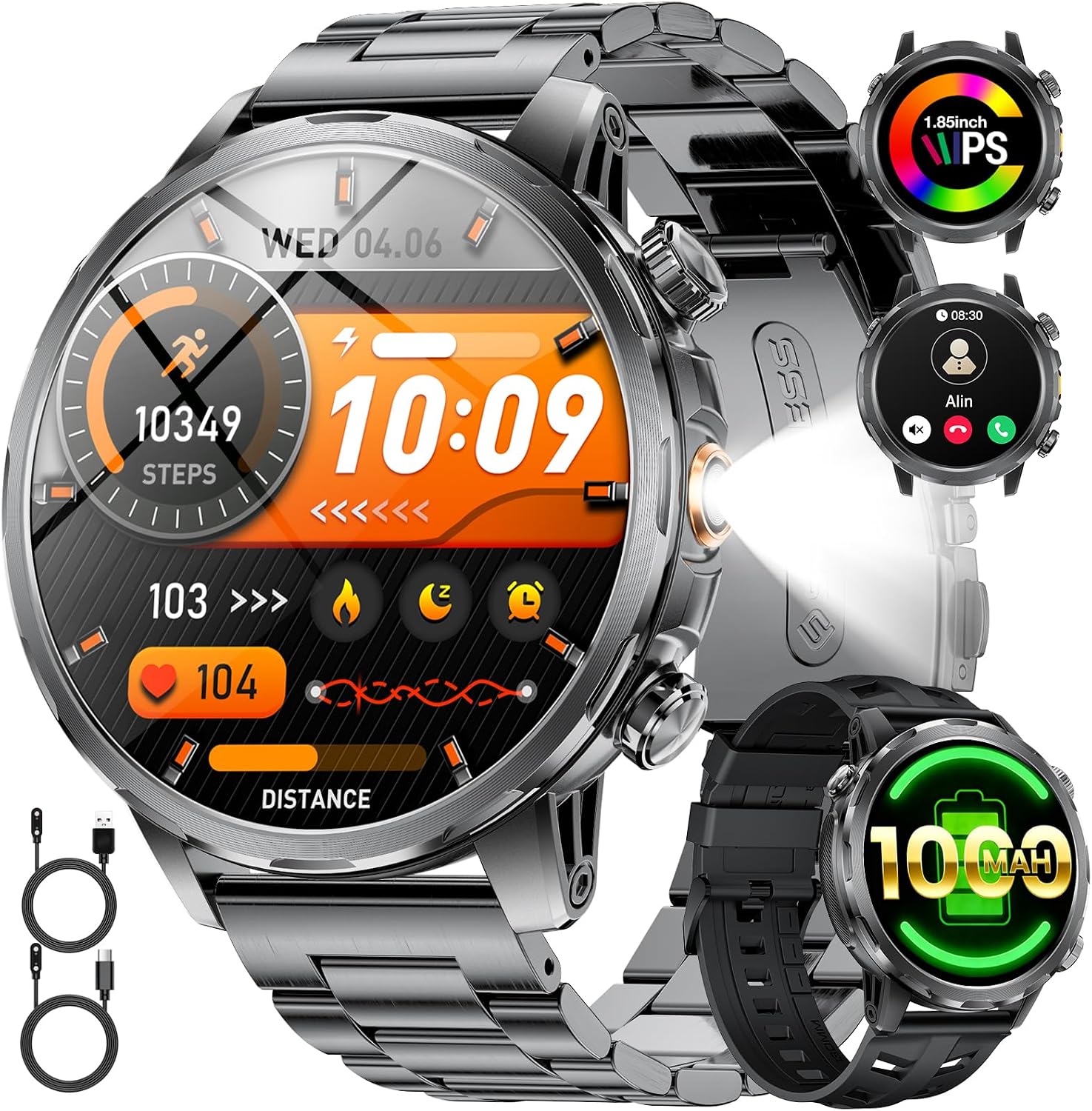 LIGE 1000mAh Smartwatch Uomo Militare, 1.85'' Orologio Smart Watch con Chiamata Bluetooth,100+ Modalità Sportive,Torcia LED Orologio Fitness,Sonno/Cardiofrequenzimetro,IP68 Orologio,Android iOS,Nero