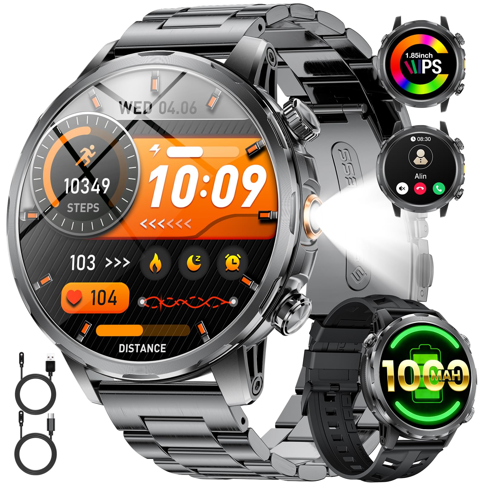 LIGE 1000mAh Smartwatch Uomo Militare, 1.85'' Orologio Smart Watch con Chiamata Bluetooth,100+ Modalità Sportive,Torcia LED Orologio Fitness,Sonno/Cardiofrequenzimetro,IP68 Orologio,Android iOS,Nero