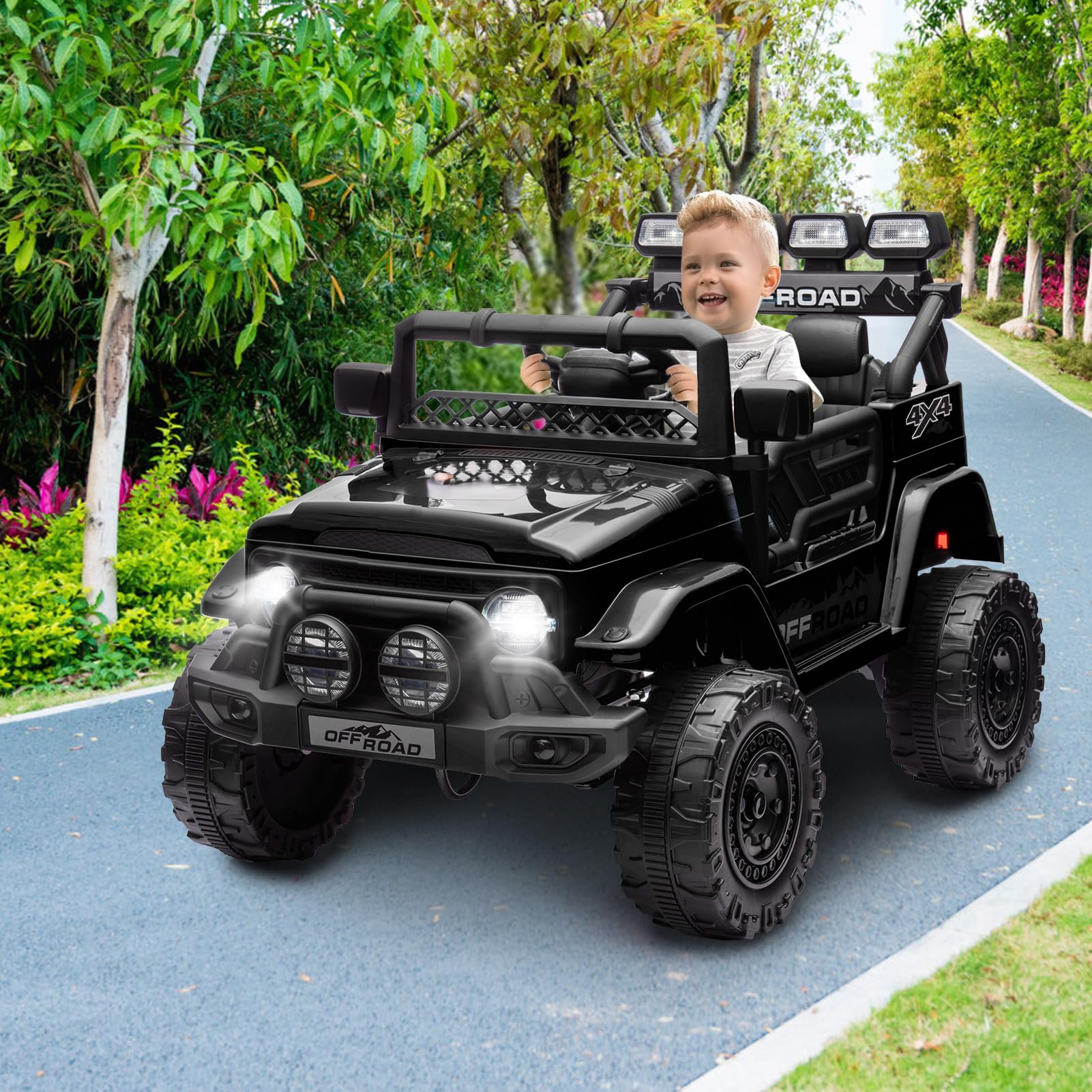 HAUSPROFI Kinder Elektroauto 12V, Elektroauto für Kinder mit 2,4G Fernbedienung, LED, Bluetooth, Musik, 3-5 km/h, Kinderauto Elektrisch, Elektro Kinderauto für ab 3 Jahren, Schwarz
