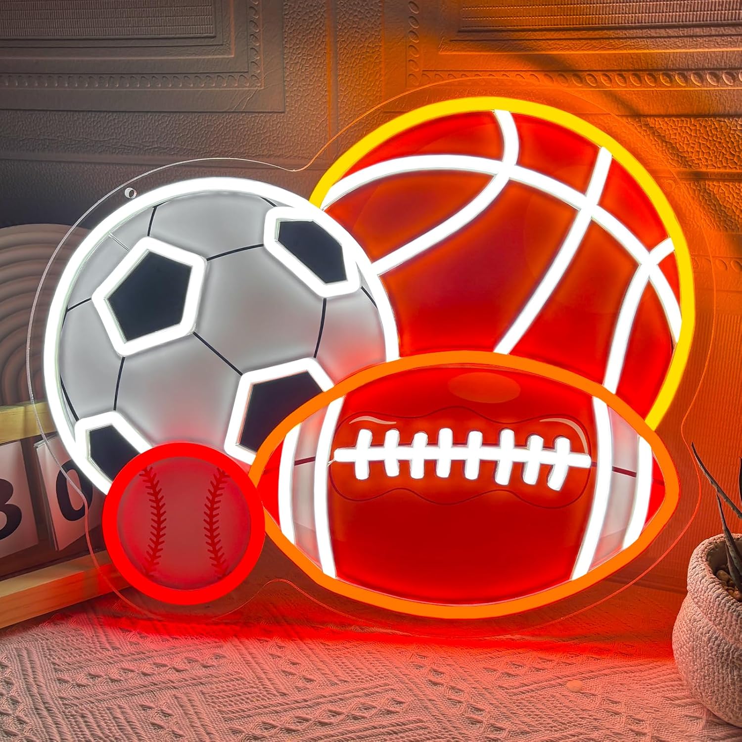 4 Sports Balls Combination Neon Sign 16.1"x12.8"UV Printed Soccer Basketball Baseball Football Neon Light,USB Dimmable LED Sports Themed Sign for Bedroom Home Man Cave Playroom College Club Wall Decor Birthday Party Presents