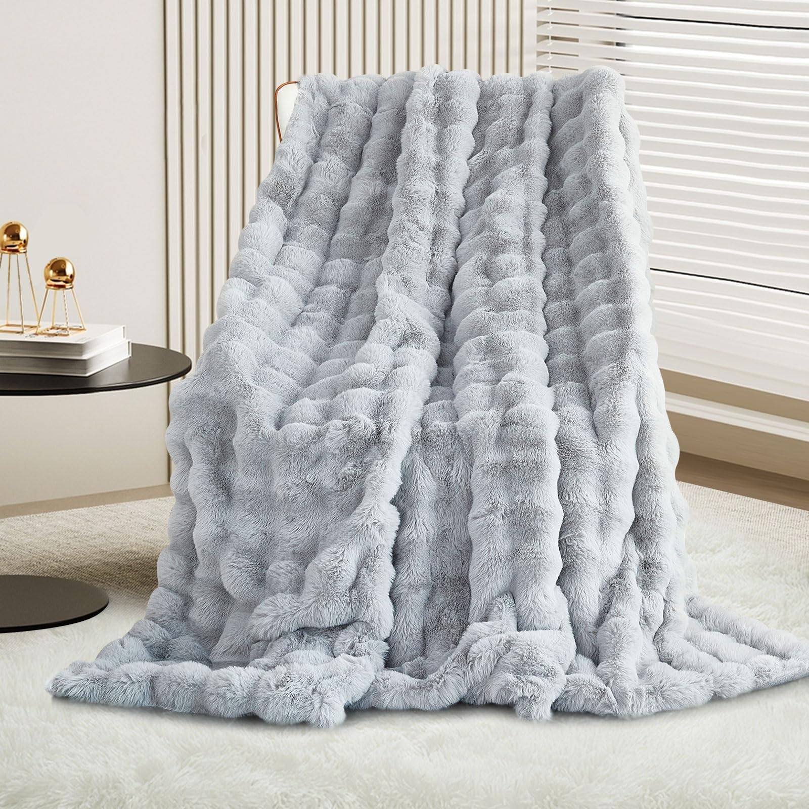 Soft Fluffy Blanket - Fuzzy Throw Blanket for Couch, Plush Rabbit Faux Fur Blanket, Cute Cozy Blankets for Women, Thick Warm Bubble Blankets for Bed Sofa Bedroom Living Room - 51" x 63"