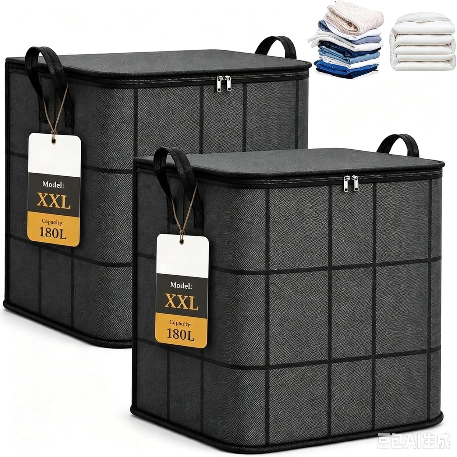 Thickened XXL Foldable Storage Bag with Reinforced Handles, 180L Large Capacity Moving Bin, Spacious Moving Storage Bin Heavy-Duty Zipper Organizer for Quilts Bedding Clothes Moving Home (XXL*2)