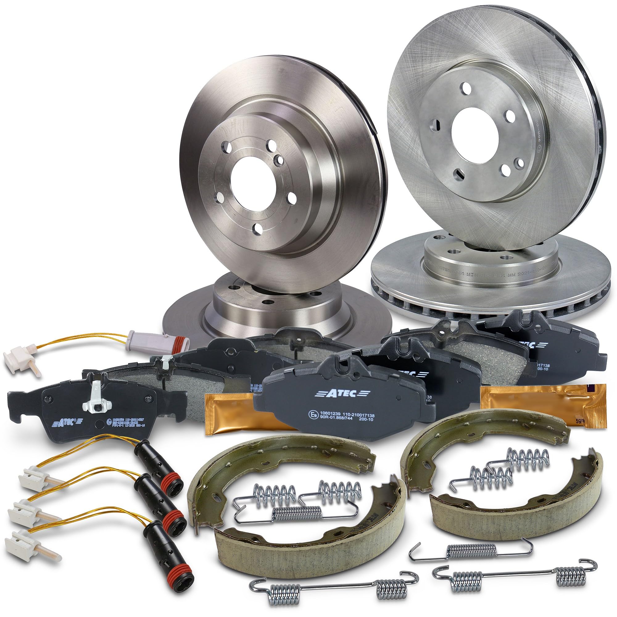 BESTPRICE Set freni incl. dischi freno anteriori Ø 295 mm + posteriori Ø 180 mm + pastiglie freno anteriori e ganasce freno posteriori Compatibile con MERCEDES Classe E (W211), Classe E T-Model (S211)