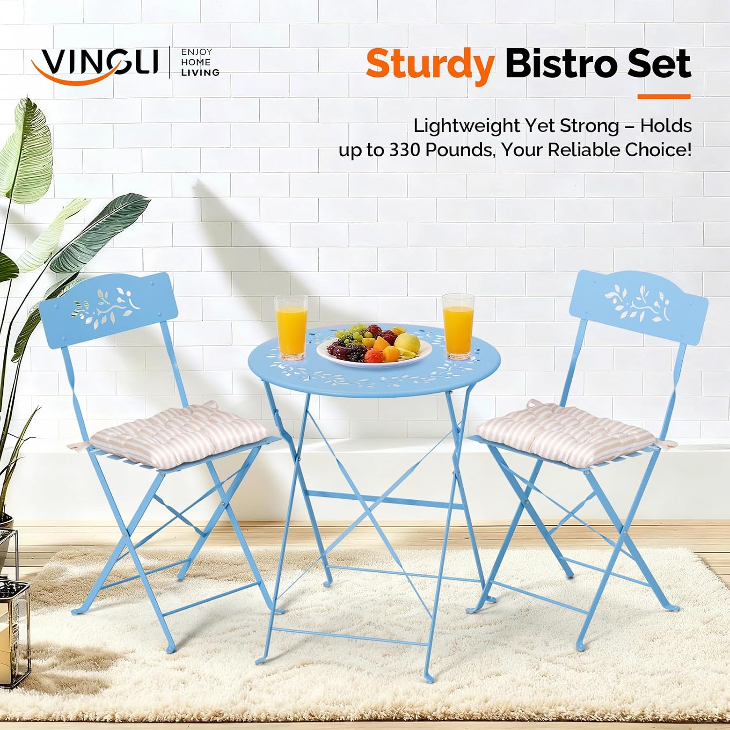 VINGLI Outdoor Folding Bistro Table and Chairs Set of 2, 3-Piece Bistro Set with Olive Leaf Cutout Design and Comfortable Cushions for Patio, Balcony, Garden, Porch, Yard, Blue