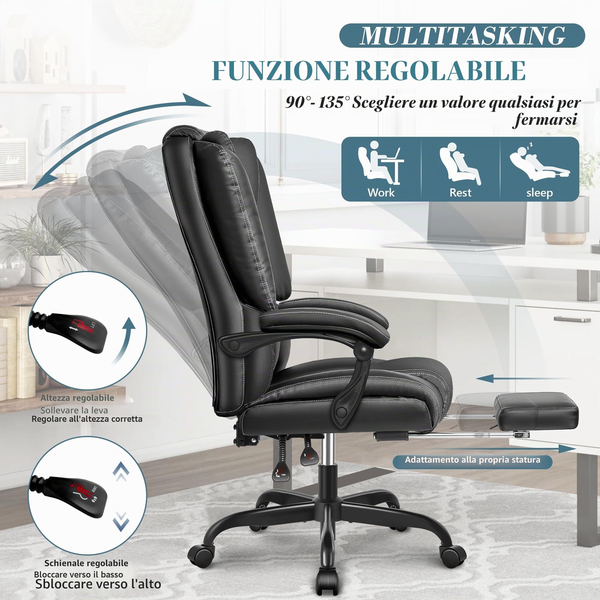 Sedia ergonomica da ufficio, in pelle, braccioli accoppiati, Loveseat con poggiapiedi, supporto lombare, regolabile in altezza, poltrona reclinabile (nero
