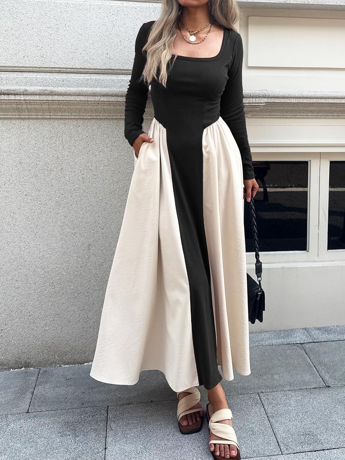 2026 Spring Maxi Dress for Women Square Neck Long Sleeve Patchwork Ribbed Knit Dress Flowy A Line Dress with Pockets - Image 3