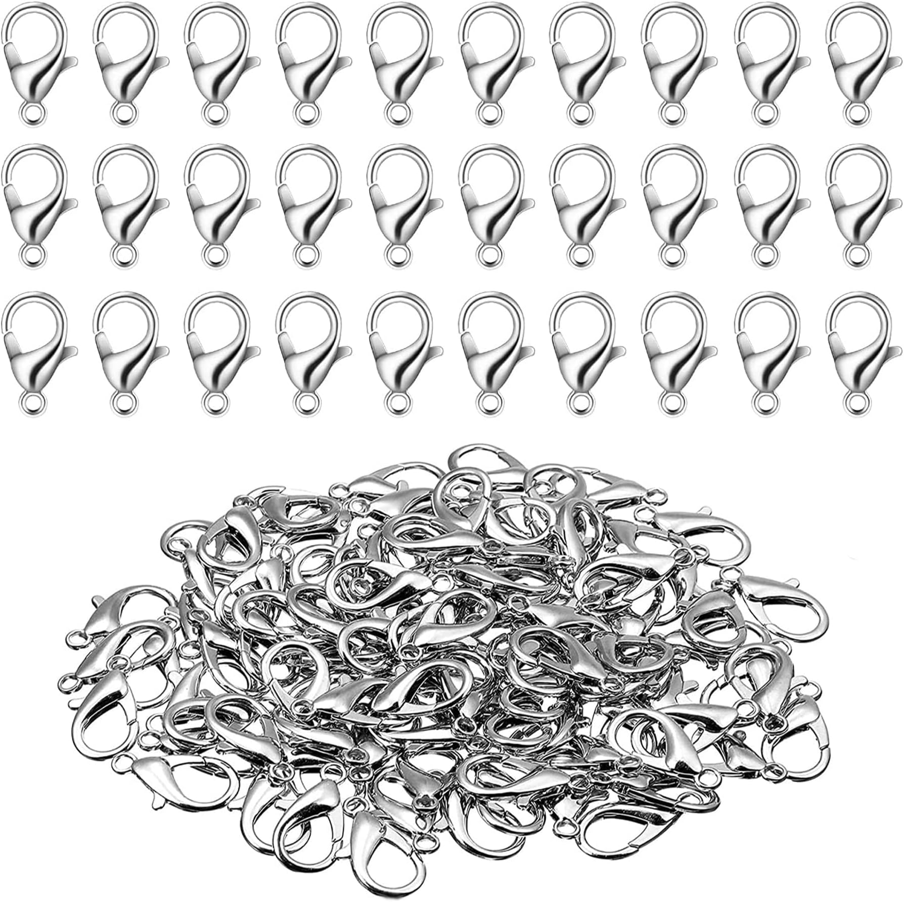 KEWAYO 300 Pieces Lobster Clasps, 12 x 7mm Lobster Claw Clasps, Stainless Steel Jewelry Lobster Clasp Fastener Hook Clasps, for DIY Bracelet Necklace Jewelry Making (Silver)