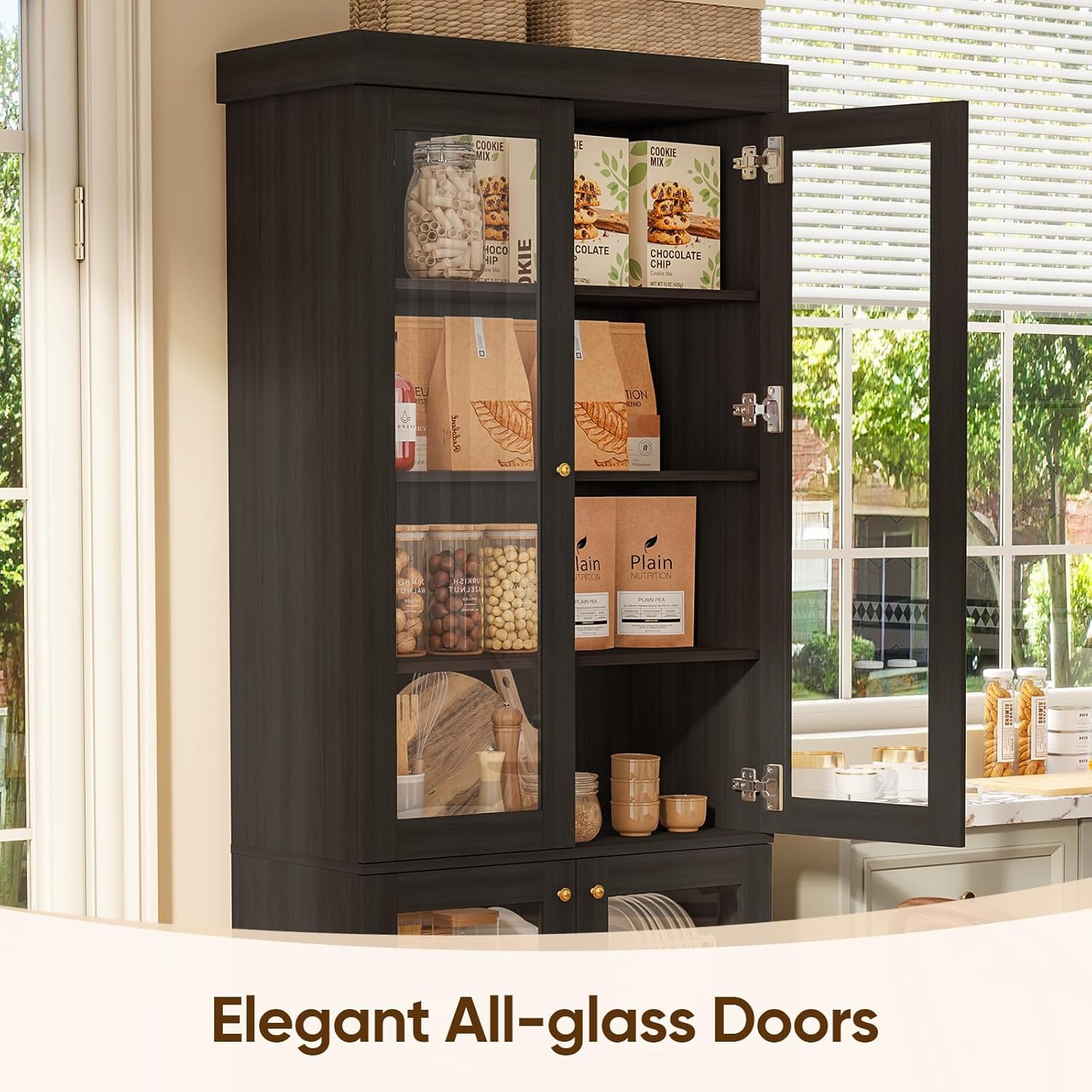 ivaniti 70.8" Tall Black Bookshelf with Glass Doors, Farmhouse Modular Bookcase with 6-Tier Adjustable Shelves, Large Storage Cabinet for Home Office, Living Room