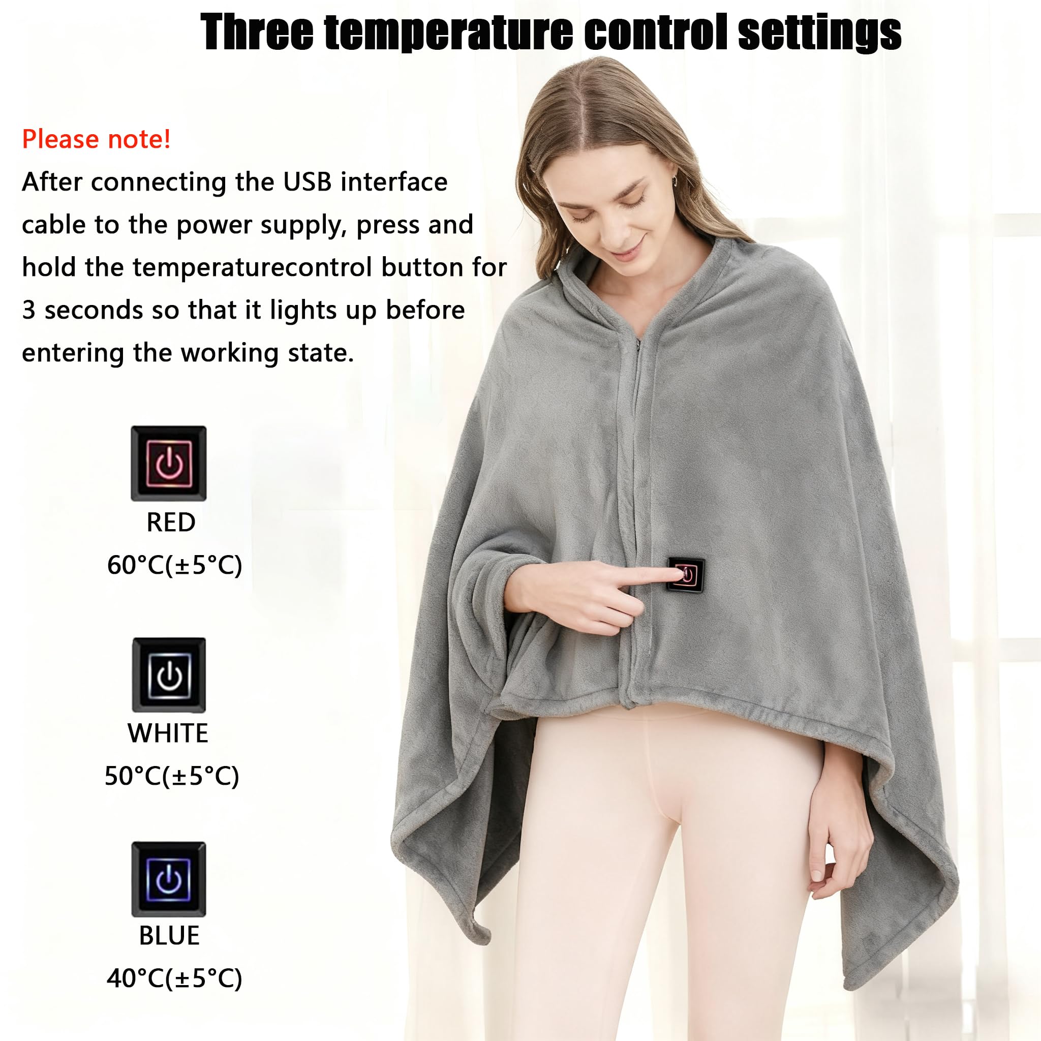 SNZ Coperta Termica USB con Batteria da 10000mAh, 150 x 80 cm Coperta Termica Senza Fili, Coperta Elettrica Scialle di Flanella per Pausa Pranzo in Ufficio, Viaggio All'aperto