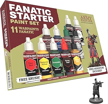 The Army Painter Warpaints Fanatic: Starter Set, 11 x 18 ml Acrylic Paints, incl. Metallics, Wash, Brush-On Primer, 1 Miniature & 1 Brush - Miniature paint set for D&D & Warhammer Figures