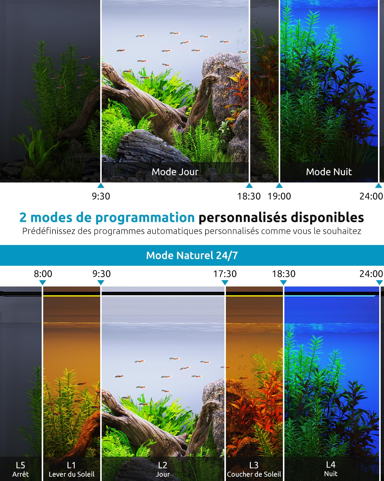 Seaoura Éclairage Aquarium, Aluminium Lampe LED d’Aquarium a Spectre Complet avec Minuterie, Mémoire de Mise Hors Tension, 8 Couleurs, 20 Luminosité pour Aquarium Planté d’eau Douce (30-45cm)