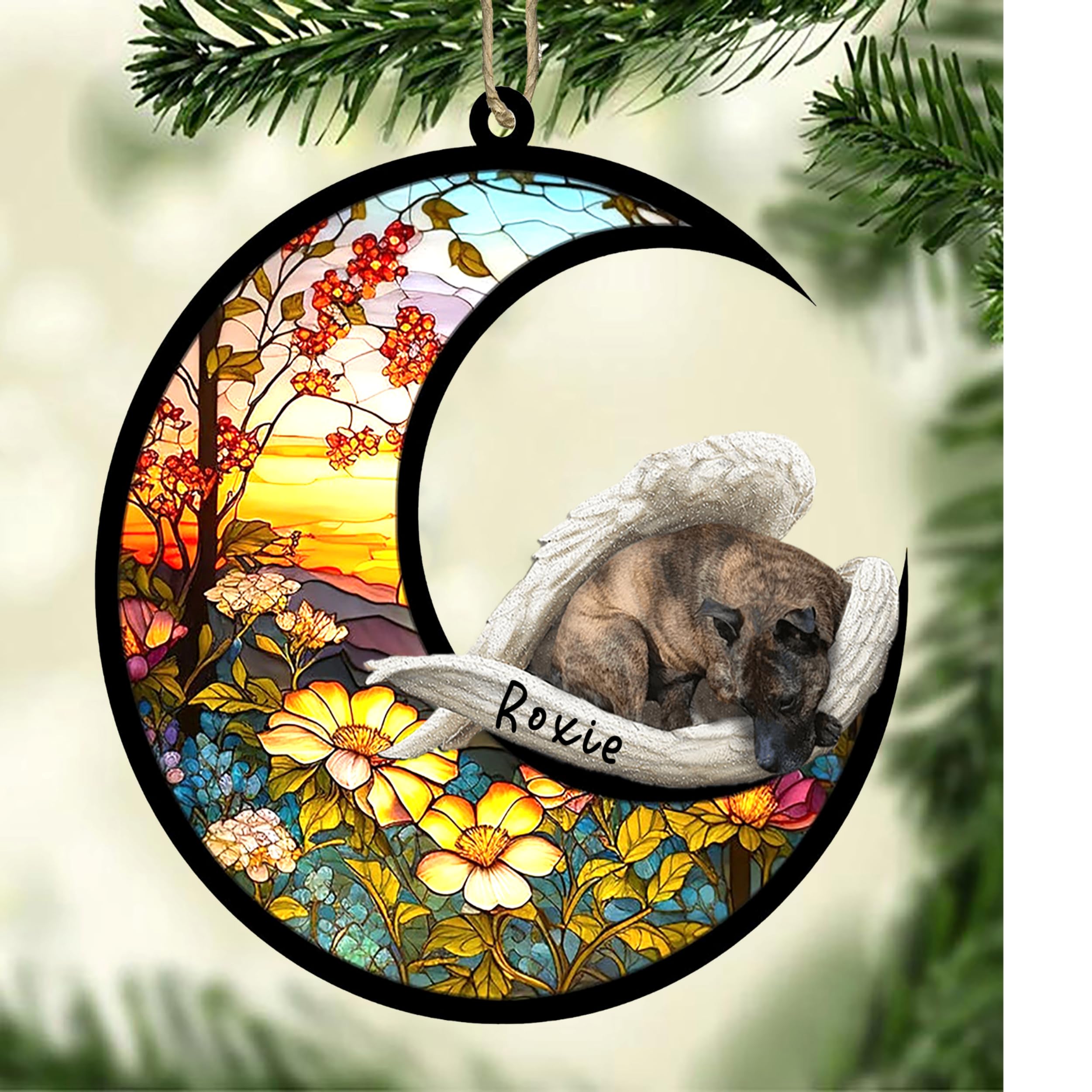 Personalized Brindle Staffy Dog Memorial Suncatcher, Brindle Staffy Christmas Ornament with Name, Pet Loss Catcher, Gifts for Dog Lovers Loss of Dog, Brindle Staffy Sleep on Haven