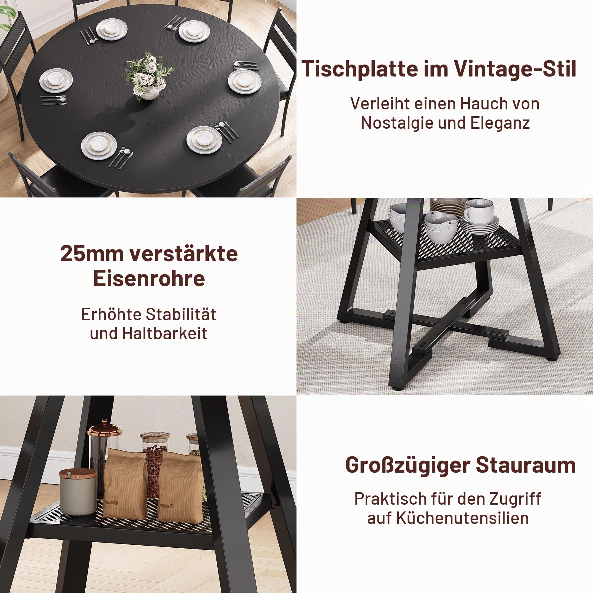 Jocoevol Esstisch Runder für 4-6 Personen, Esszimmertisch mit Ablage, platzsparender Küchentisch aus Holz im Industrial Design (Schwarz, 130x130x76cm)
