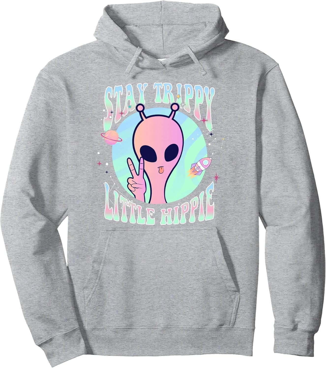 Stay Trippy Little Hippie Art Peace Sign Hand UFO Pink Alien Pullover Hoodie