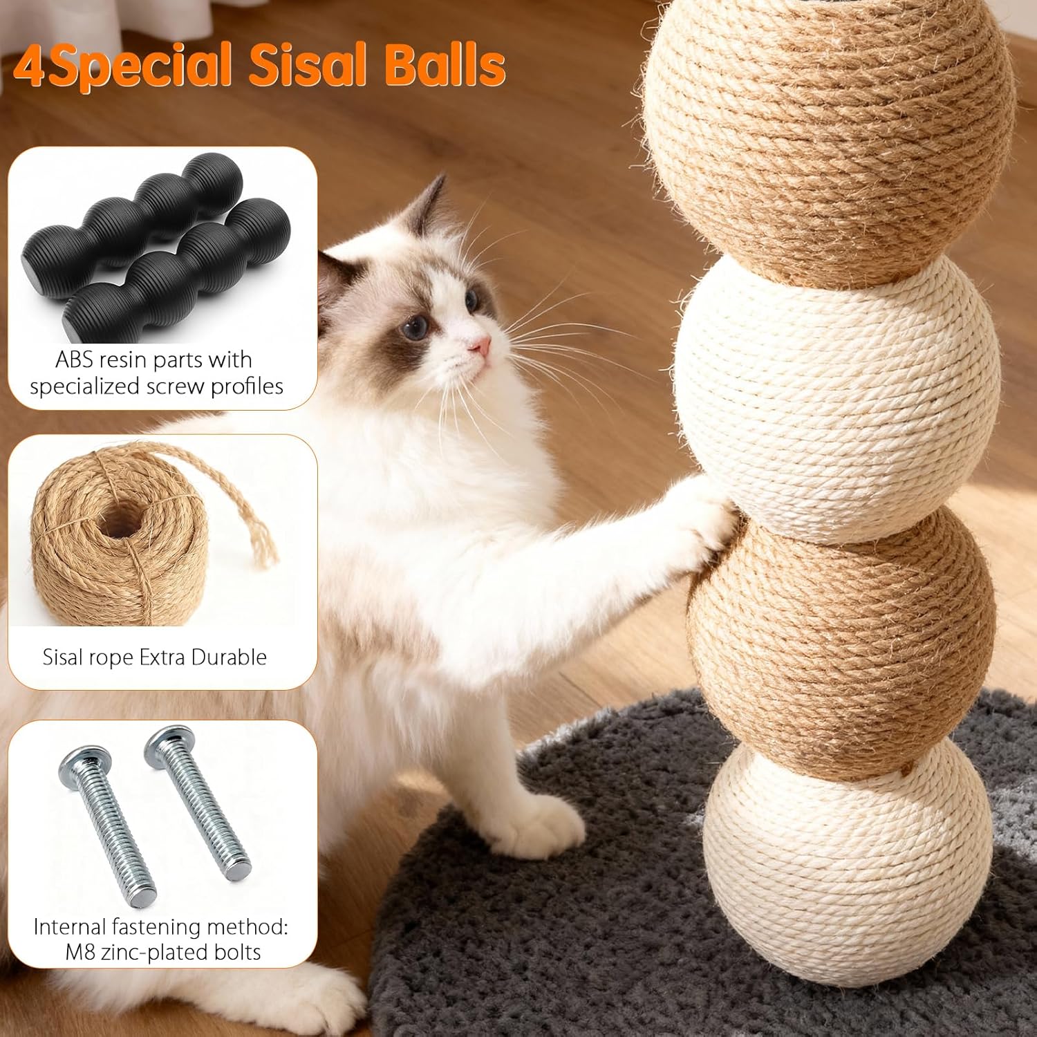 2 Pack Cat Scratching Post Replacement, 13.8 x 3.93 Inch Modern Sisal Poles with M8 Screws, Refill Parts for Indoor Cat Towers and Furniture Repair-White
