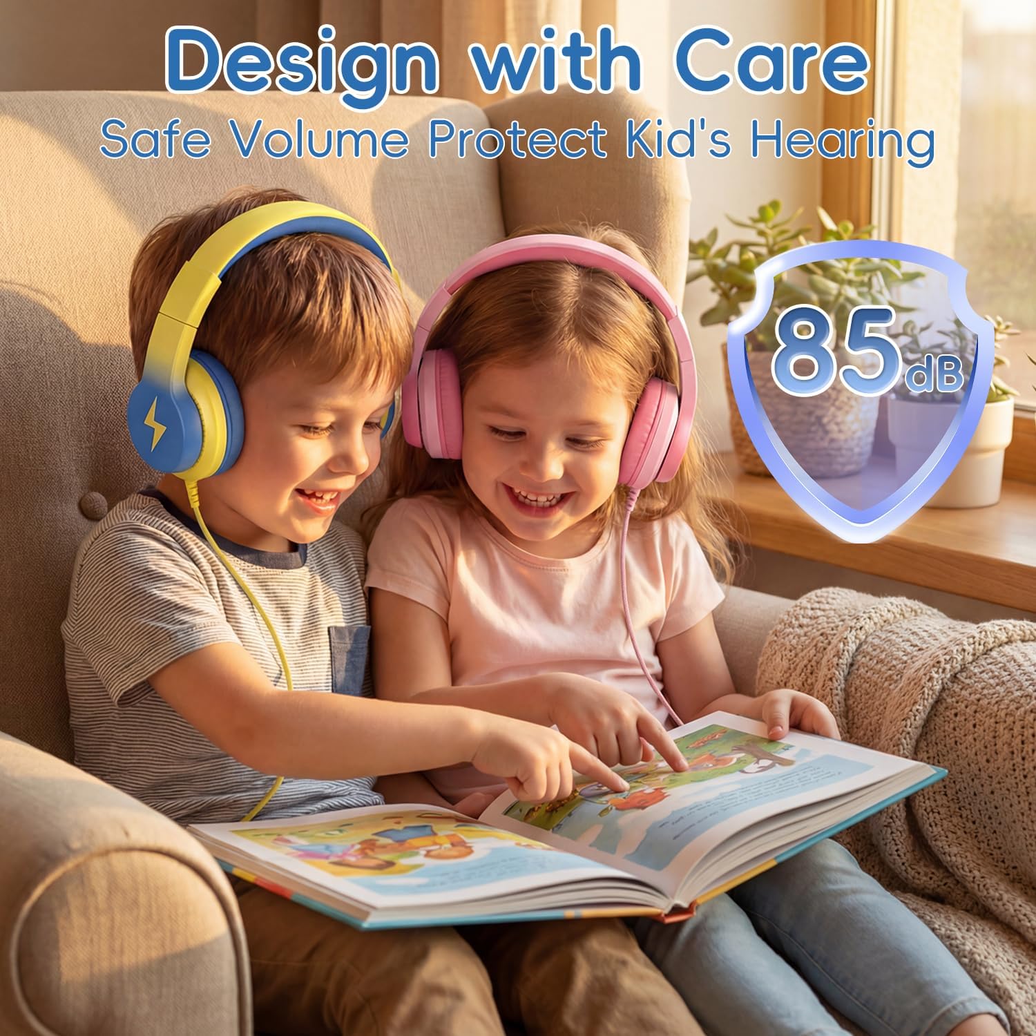 Wired Kids Headphones for School 2 Pack,USB Type C Headphones for Kids, 85dB Safe Volume, HD Stereo Sound,Comfortable Fit, Adjustable &Foldable, Ideal for School/ Travel(Gradient Pink+Light Yellow)