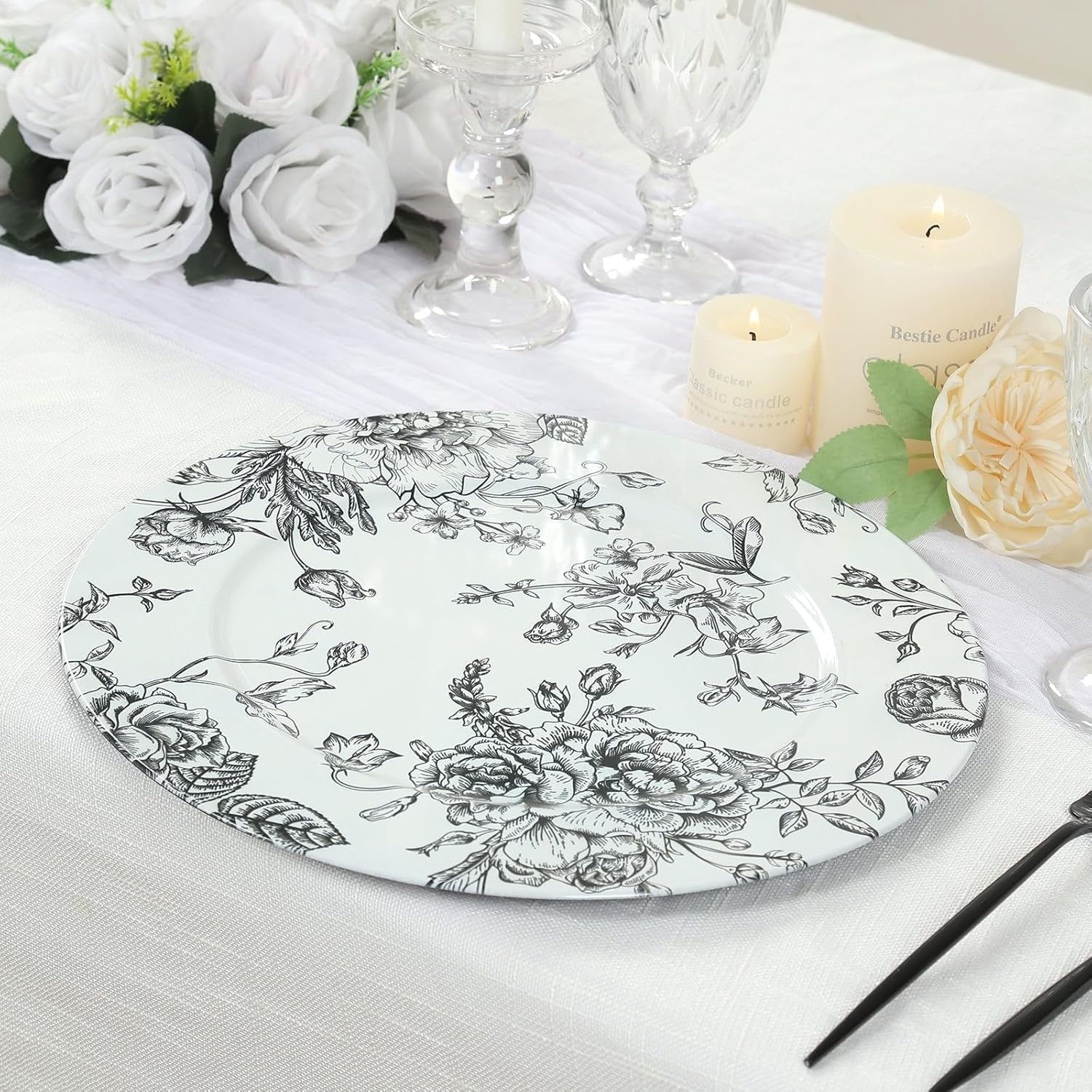 Set of 12 French Toile Charger Plates, 13" Black Floral Acrylic Round Plates for Wedding Reception Dinner Party Decor,Durable Stylish Tableware