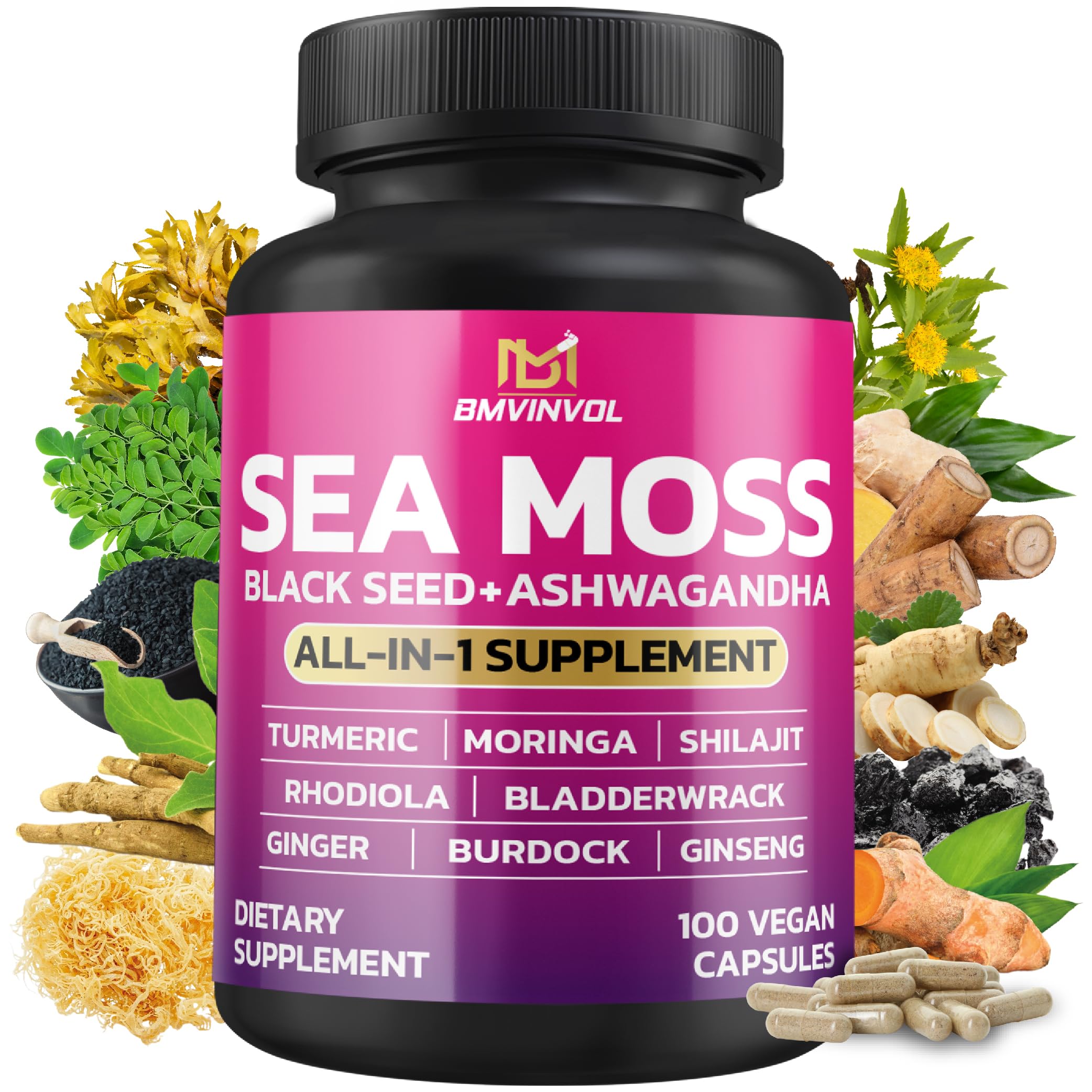 BMVINVOL Sea Moss Black Seed Shilajit Ashwagandha + Bladderwrack, Ginger, Moringa, Turmeric, Burdock, Ginseng, Rhodiola Rosea - 100 Capsules