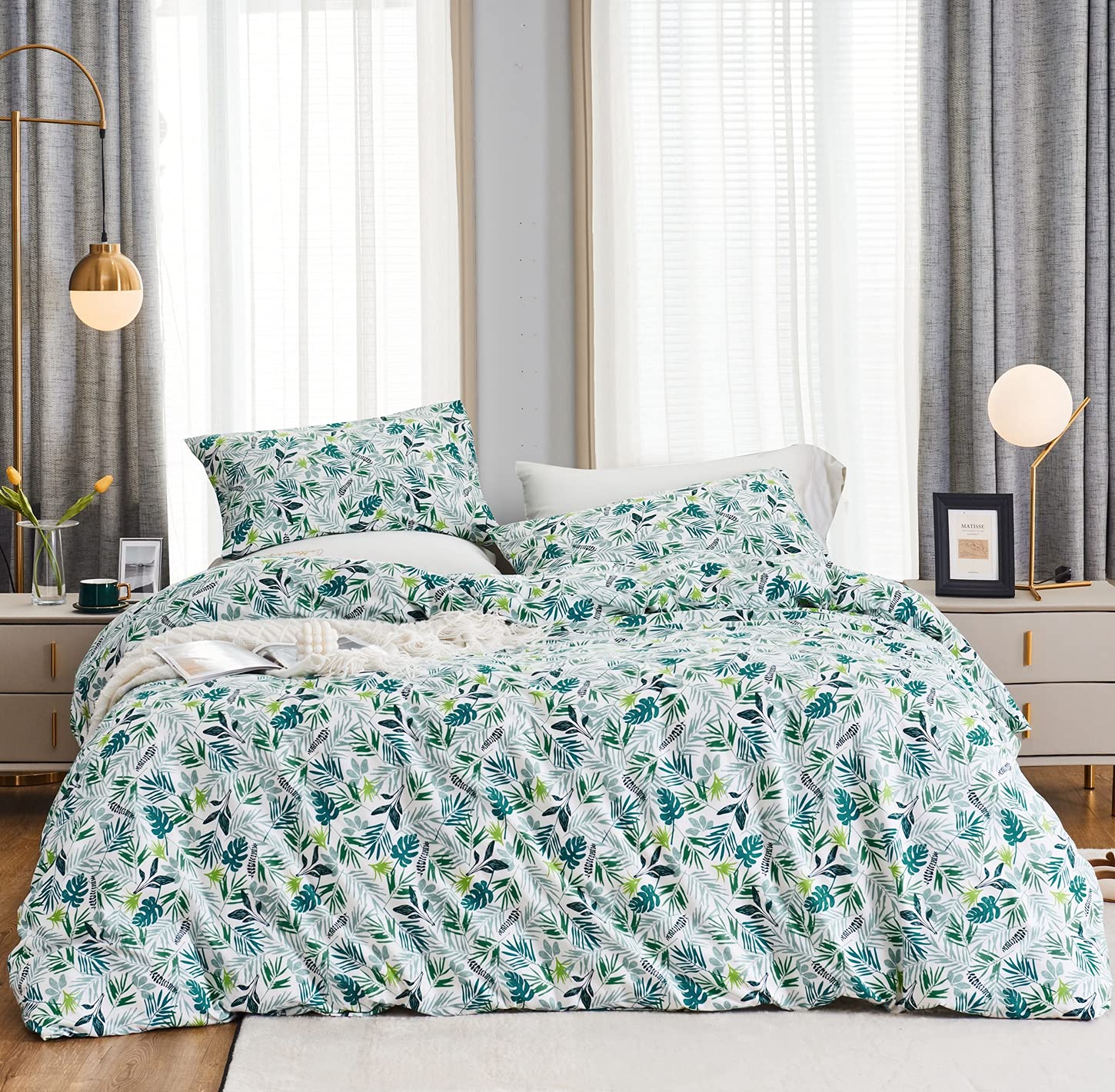 YuHeGuoJi Bettbezug-Set, 100 % Baumwolle, Queen-Size-Größe, grüne Monstera-Blätter, 3-teiliges Set, 1 Bettbezug mit tropischem Pflanzenmotiv, Bettbezug mit Reißverschluss, atmungsaktiv, langlebig