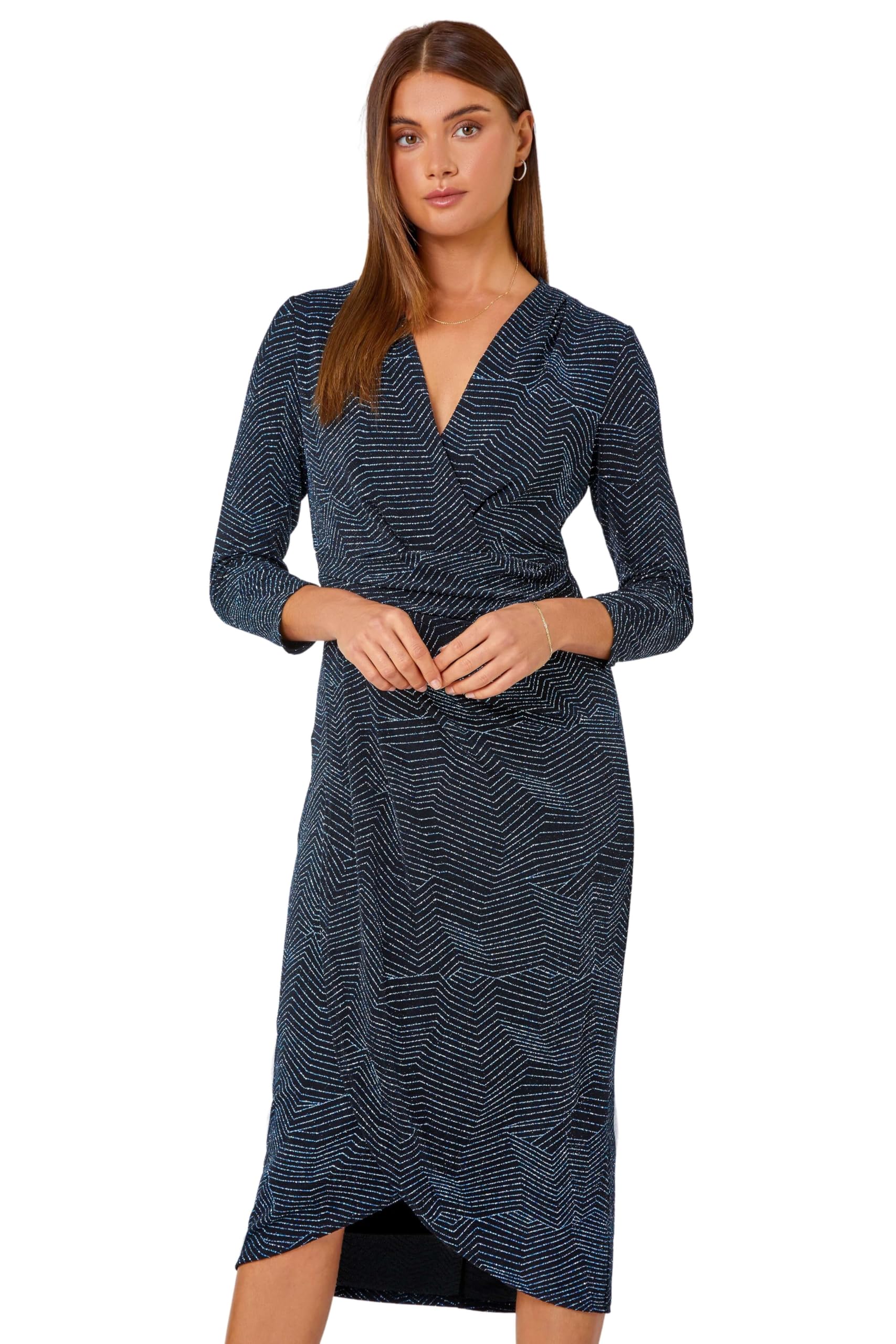Roman Originals Glitter Print Wrap Midi Stretch Dress for Women UK - Ladies Everyday Autumn Winter V-Neckline Comfy Soft Evening Vacation Work Party Night Out - Royal Blue - Size 12