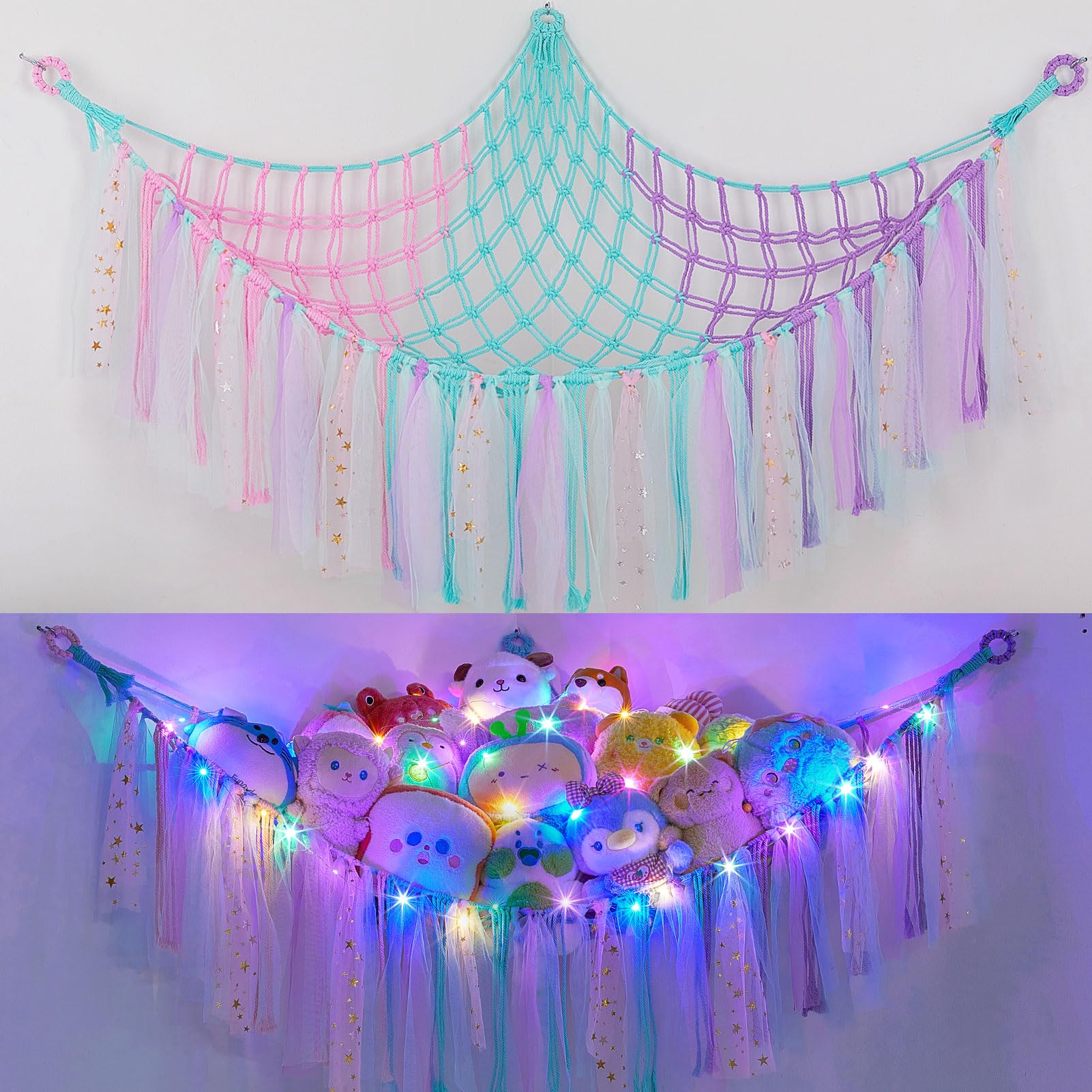 FIOBEE Stuffed Animals Net LED Light Toy Hammock for Kids Bedroom Storage
