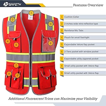 JKSafety 10 Pockets Hi-Vis Zipper Front Fluorescent Red Safety