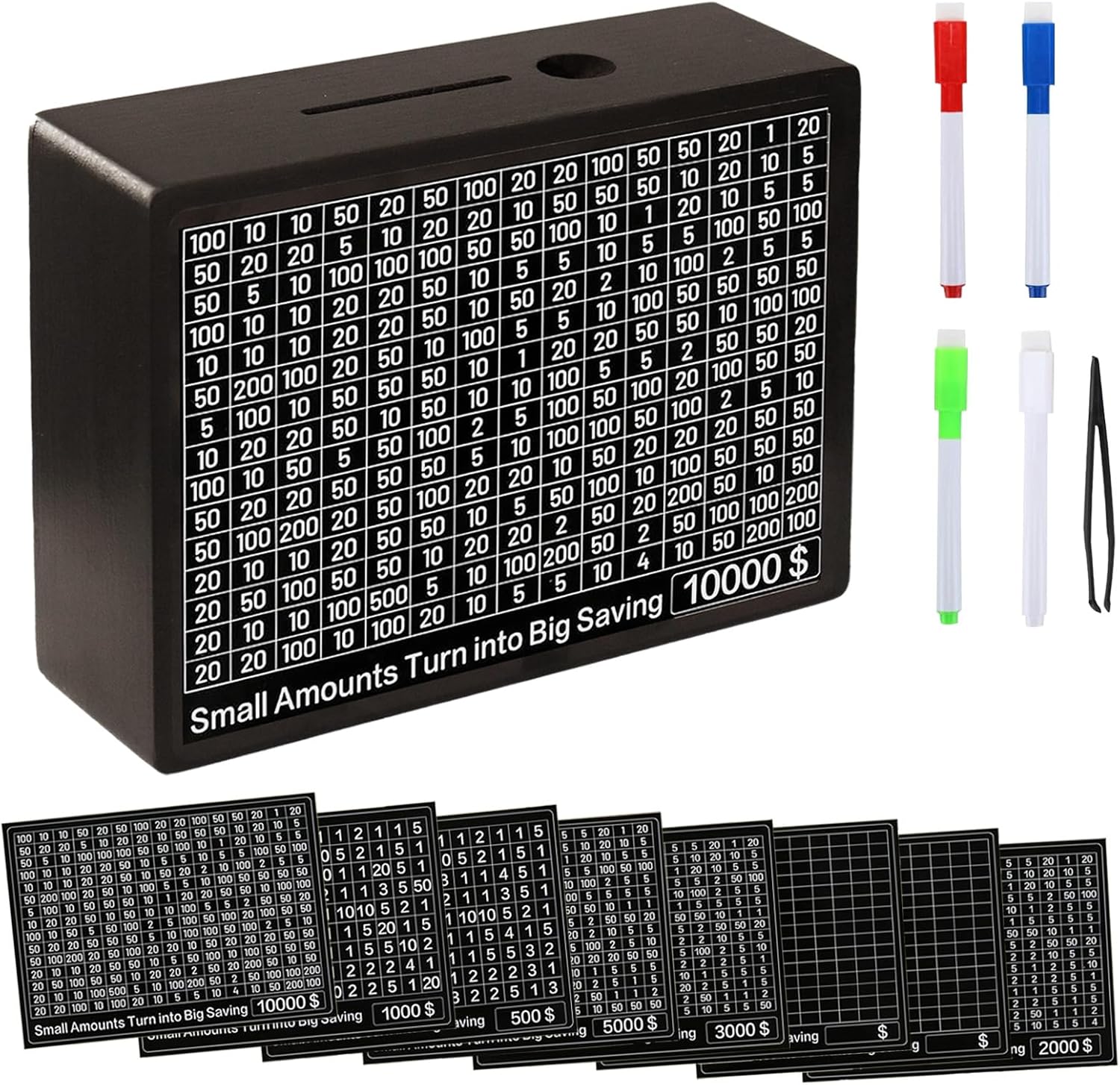 10000 Savings Challenge Box Wooden Money Saving Box Cash Vault Piggy Bank for Adults Kids One Piece Reusable Coin Bank with 8 Saving Targets/Dry Erase Pen/Tweezers Black