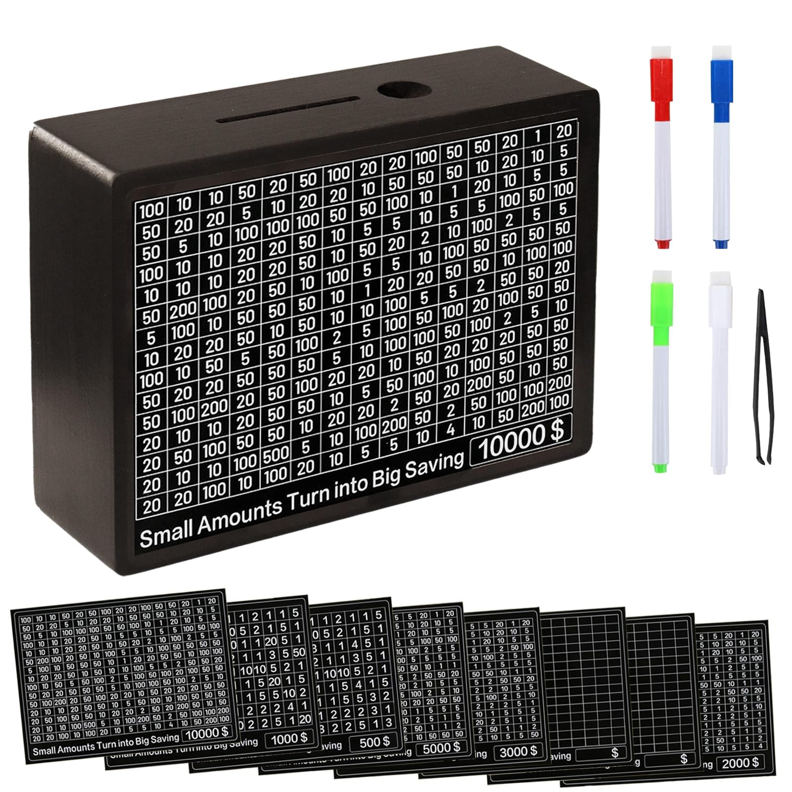 10000 Savings Challenge Box Wooden Money Saving Box Cash Vault Piggy Bank for Adults Kids One Piece Reusable Coin Bank with 8 Saving Targets/Dry Erase Pen/Tweezers