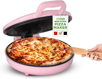 NutriChef Countertop Pizza Maker | 1500W Non-Stick Electric Pizza Cooker | Make 12" Personal Pizzas, Eggs, Toast, Quesadillas & More | Cool-Touch Handles & Space Saving | Temp Range 175-400F | Pink